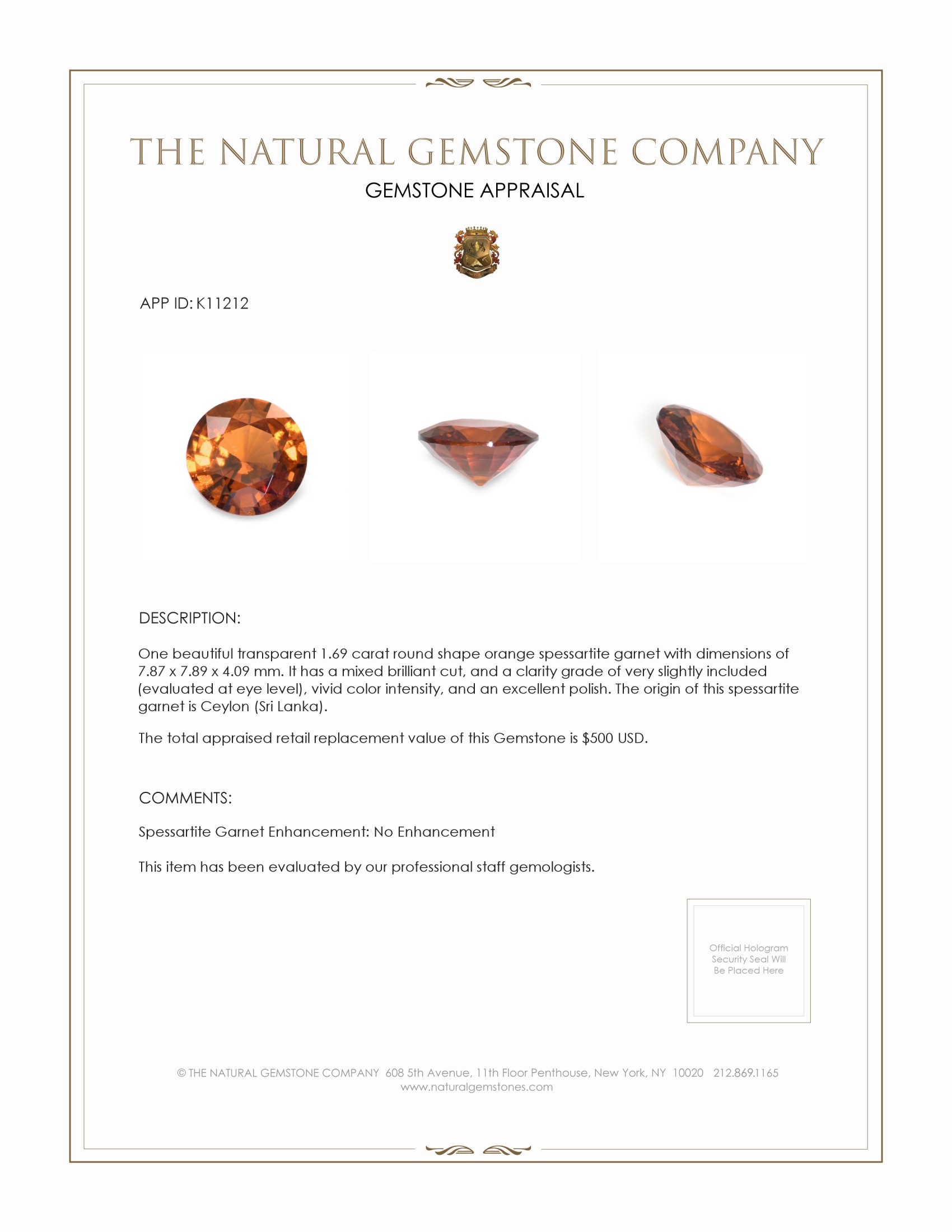1.69 Ct. Spessartite Garnet from Ceylon (Sri Lanka)