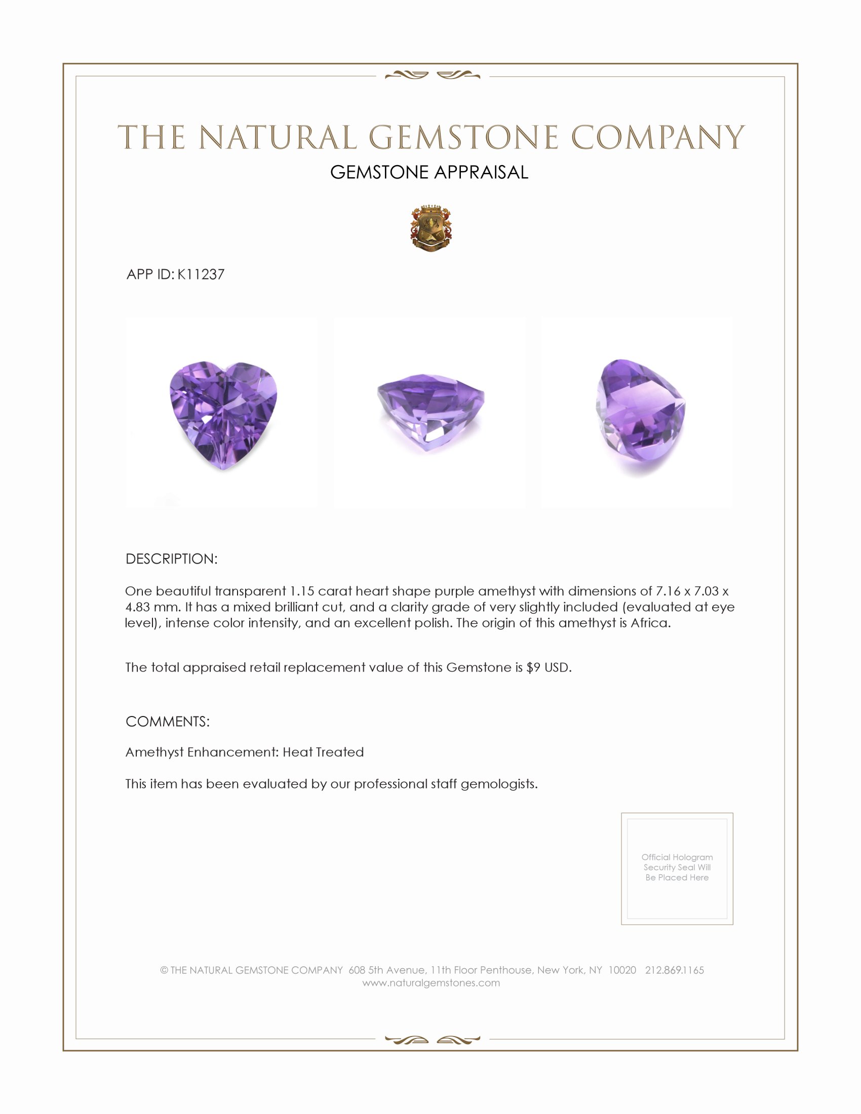 1.15 Ct. Purple Amethyst from Africa