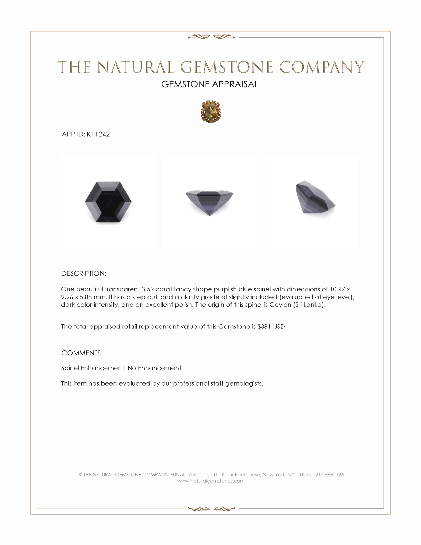 3.59 Ct. Purplish Blue Spinel from Ceylon (Sri Lanka)