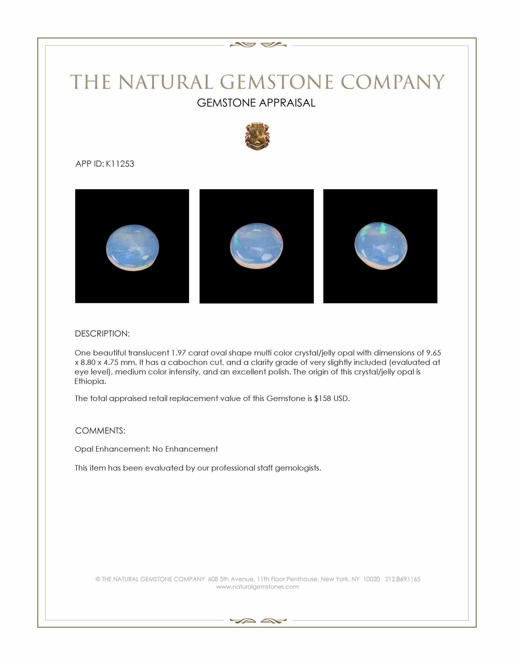 1.97 Ct. Cabochon Crystal/Jelly Opal from Ethiopia