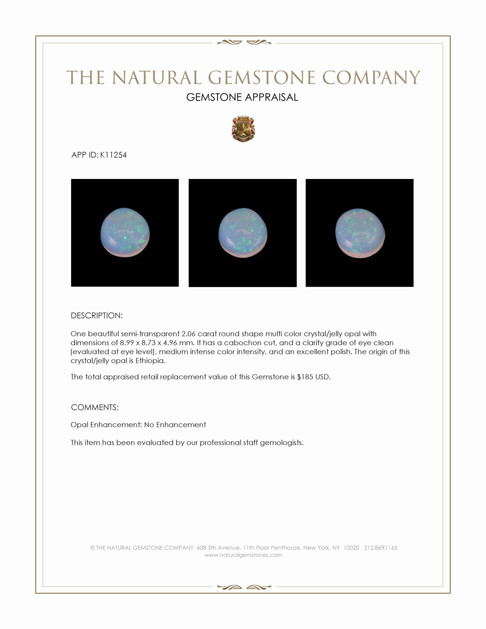 2.06 Ct. Cabochon Crystal/Jelly Opal from Ethiopia