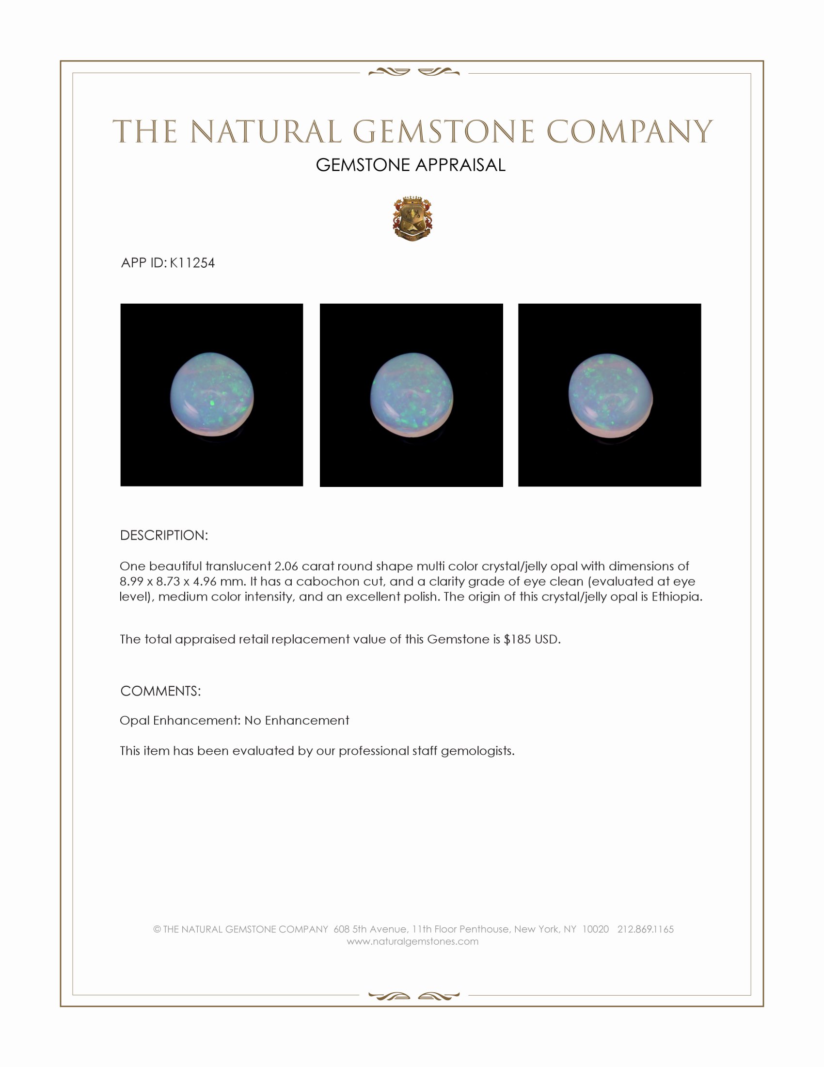 2.06 Ct. Cabochon Crystal/Jelly Opal from Ethiopia