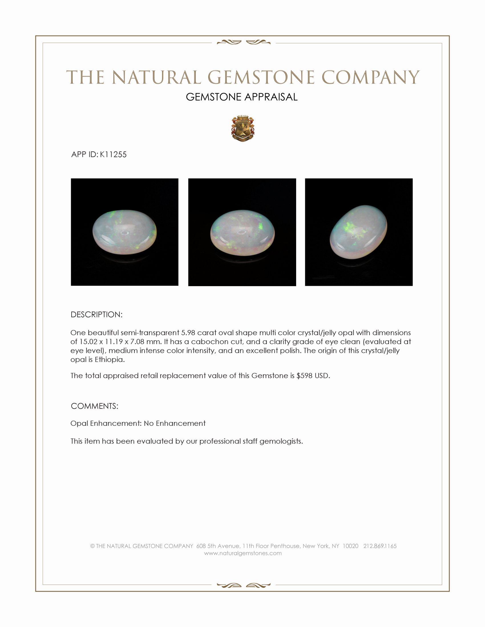 5.98 Ct. Cabochon Crystal/Jelly Opal from Ethiopia