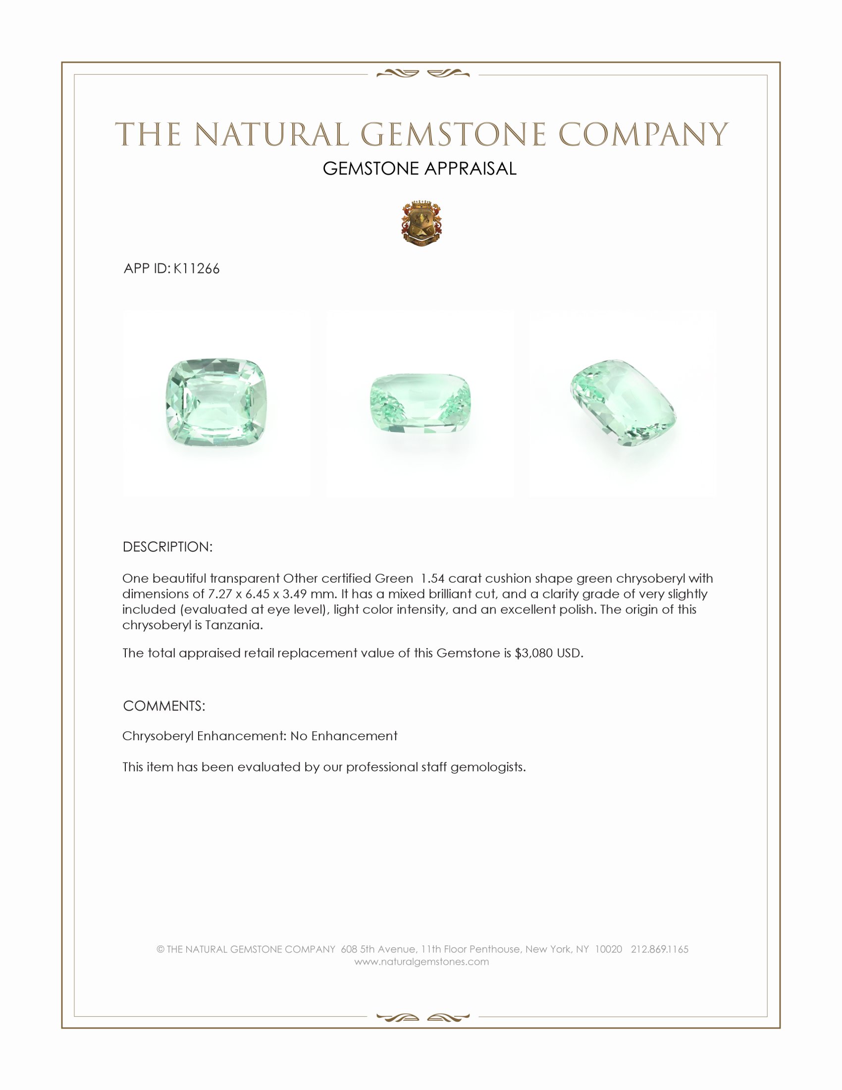 1.54 Ct. Green Chrysoberyl from Tanzania