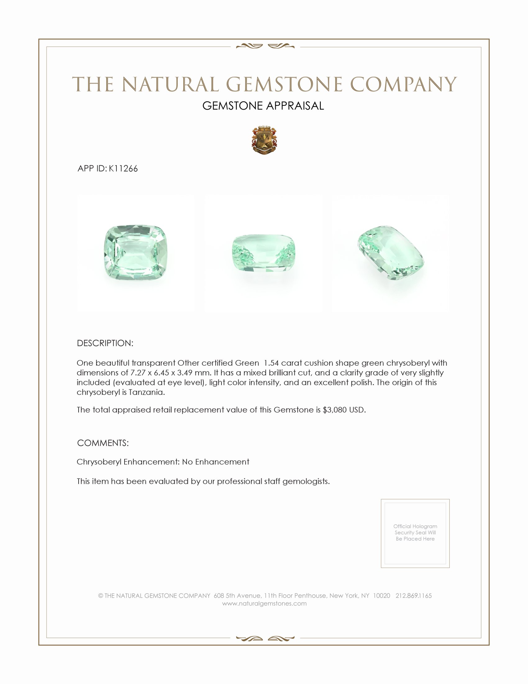 1.54 Ct. Chrysoberyl from Tanzania