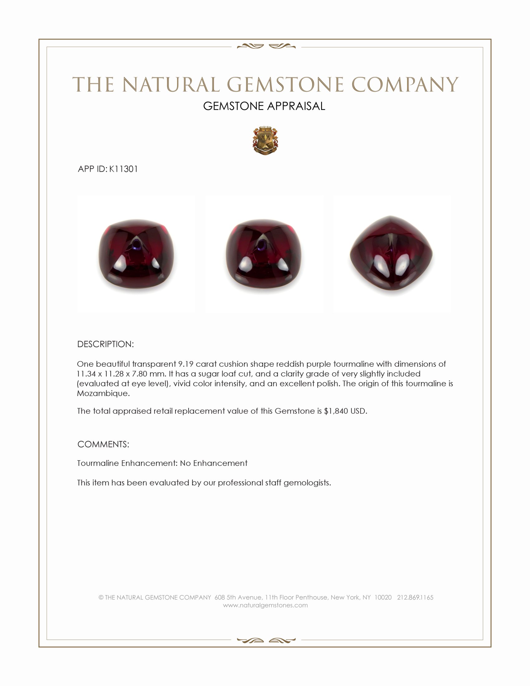 9.19 Ct. Reddish Purple Cabochon Tourmaline from Mozambique