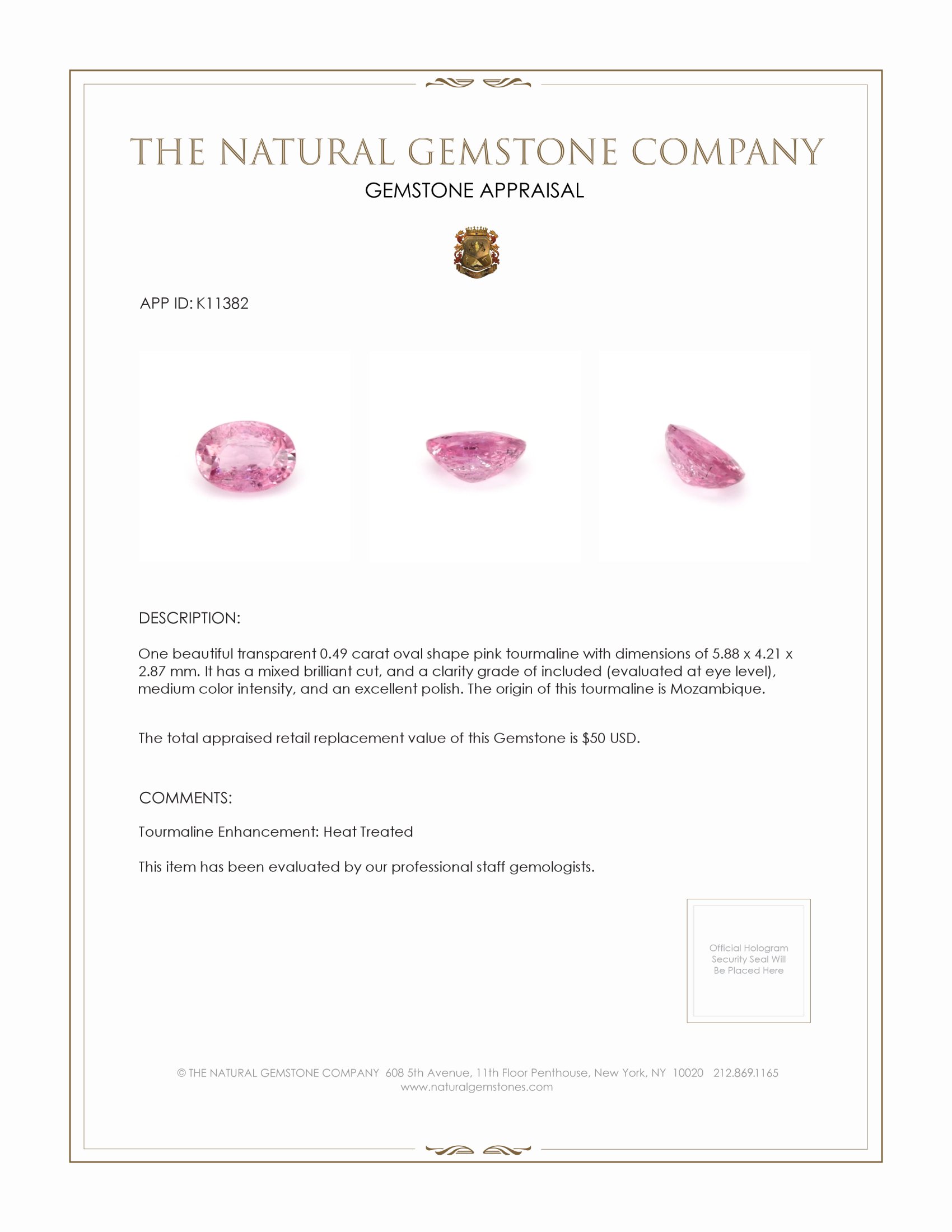 0.49 Ct. Pink Tourmaline from Mozambique