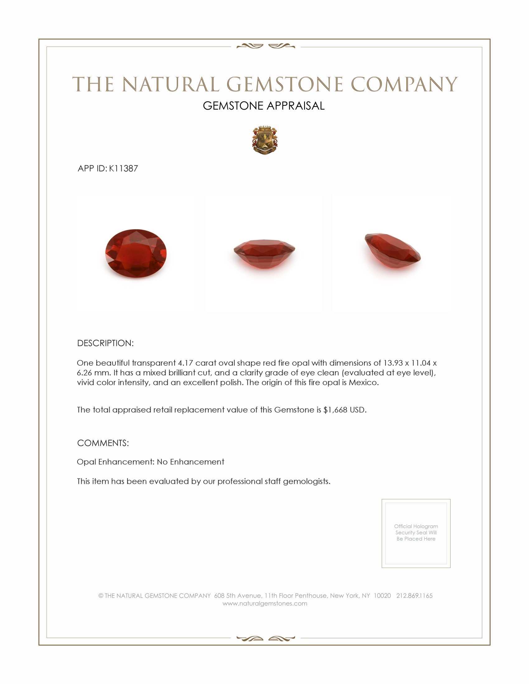 4.17 Ct. Red Fire Opal from Mexico