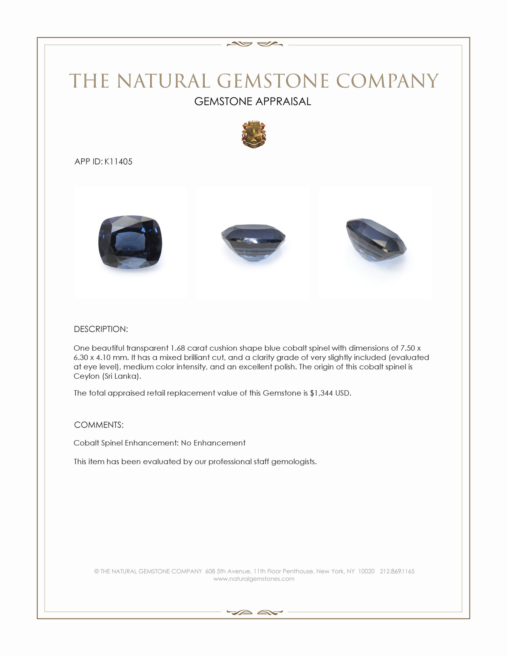 1.68 Ct. Blue Cobalt Spinel from Ceylon (Sri Lanka)