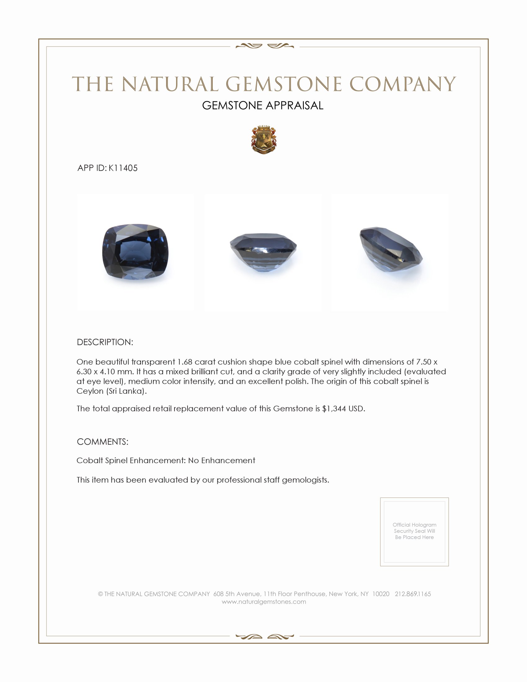1.68 Ct. Cobalt Spinel from Ceylon (Sri Lanka)