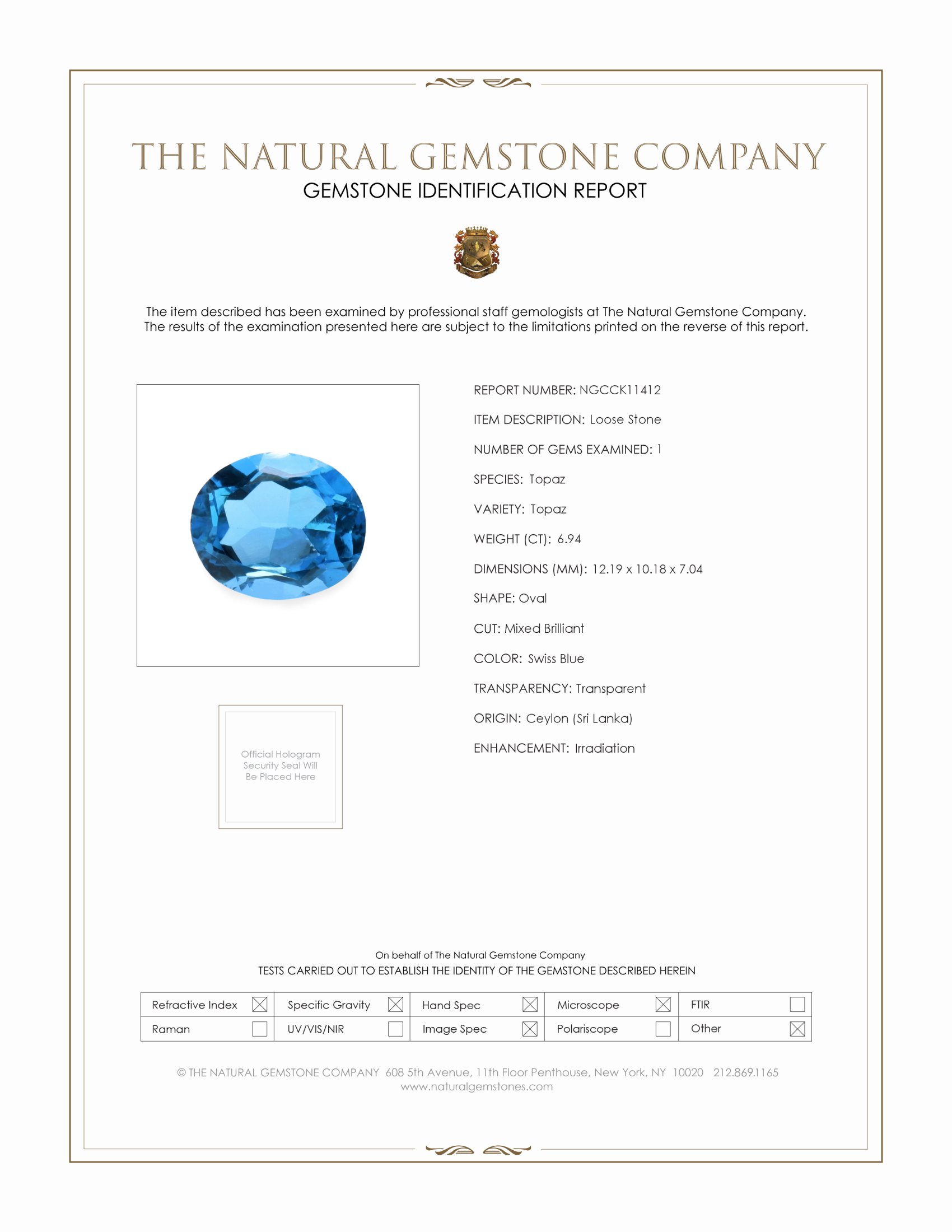6.94 Ct. Swiss Blue Topaz from Ceylon (Sri Lanka)