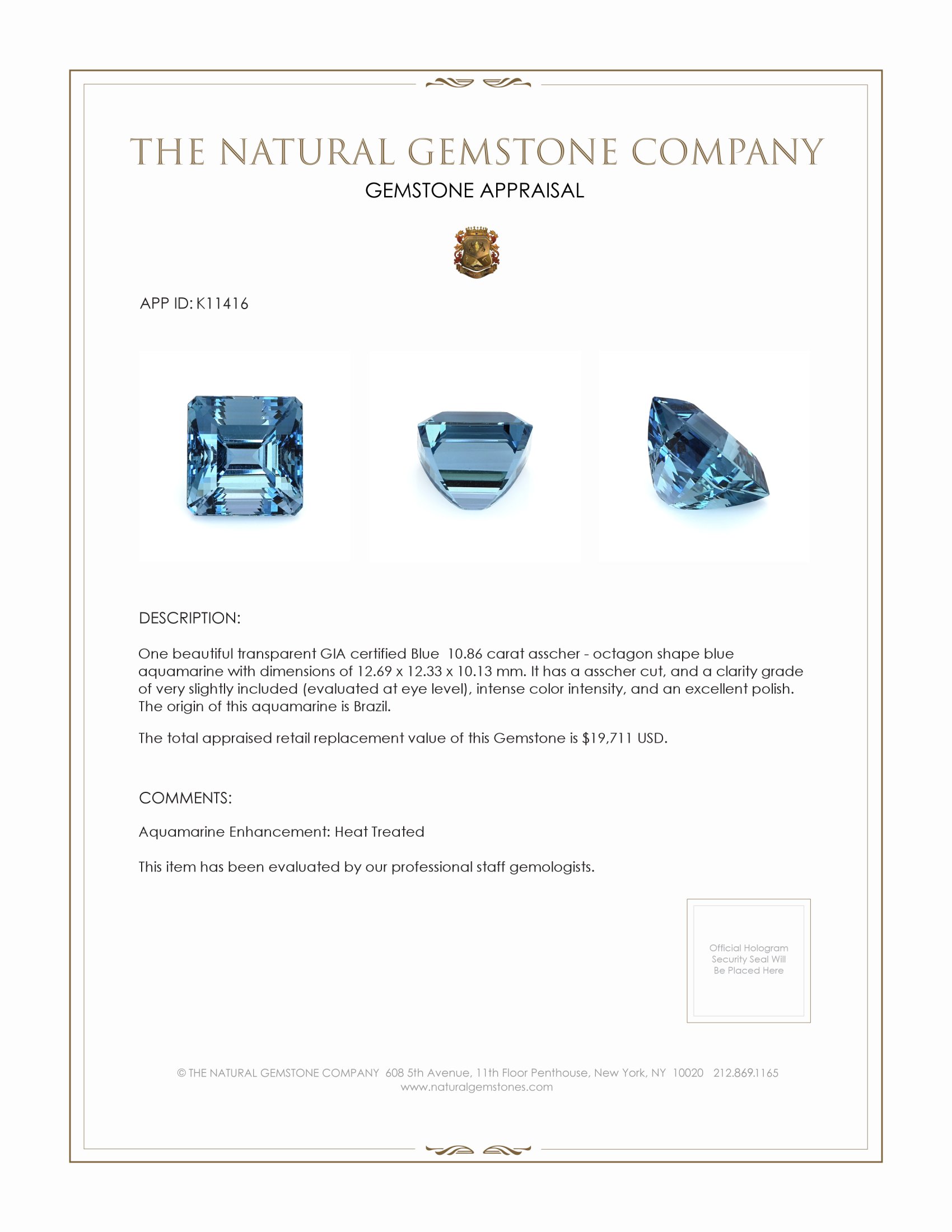 10.86 Ct. Blue Aquamarine from Brazil