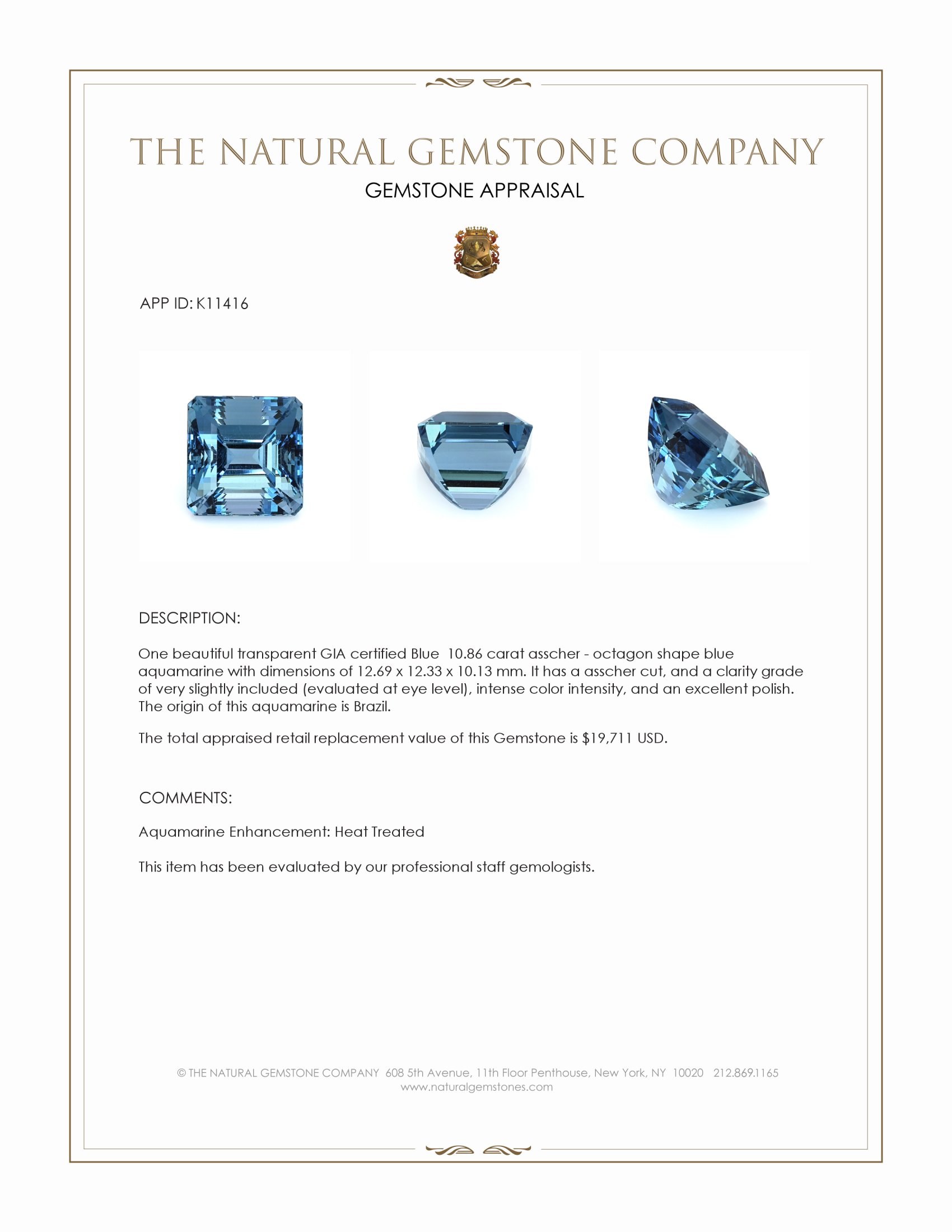 10.86 Ct. Aquamarine from Brazil