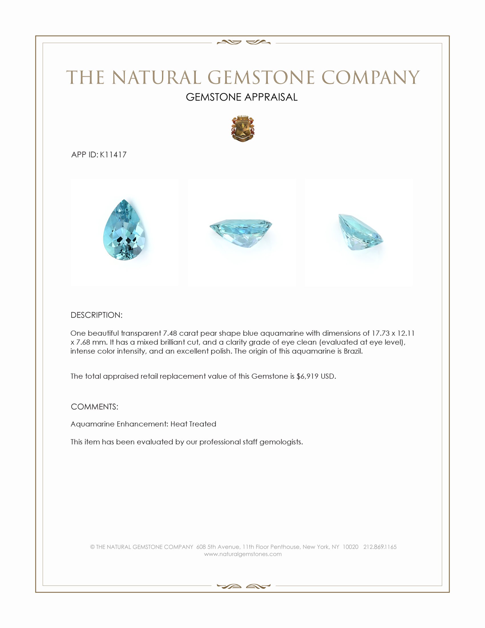 7.48 Ct. Blue Aquamarine from Brazil