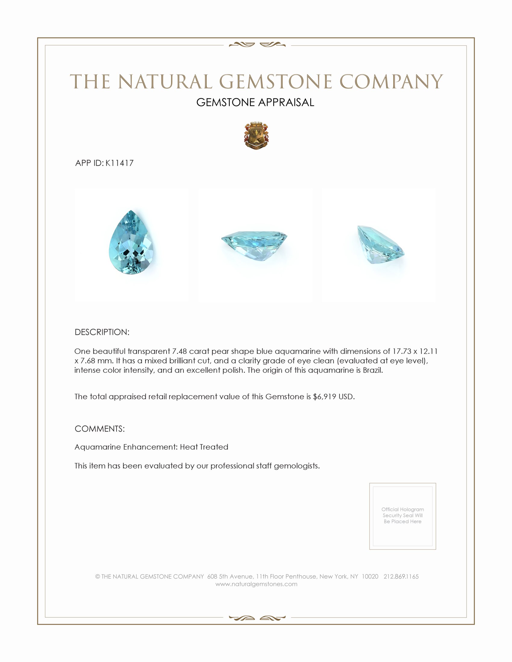 7.48 Ct. Aquamarine from Brazil