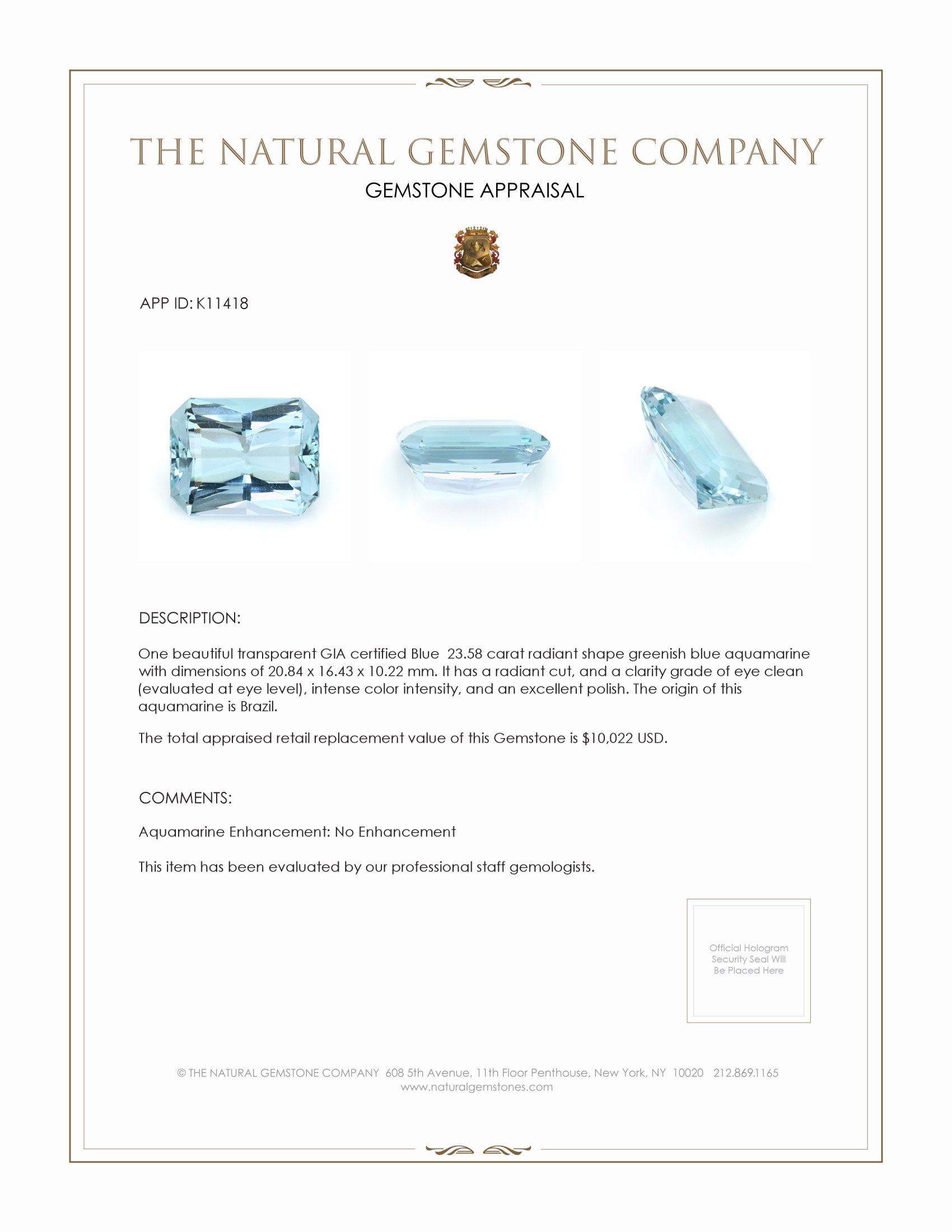 23.58 Ct. Aquamarine from Brazil