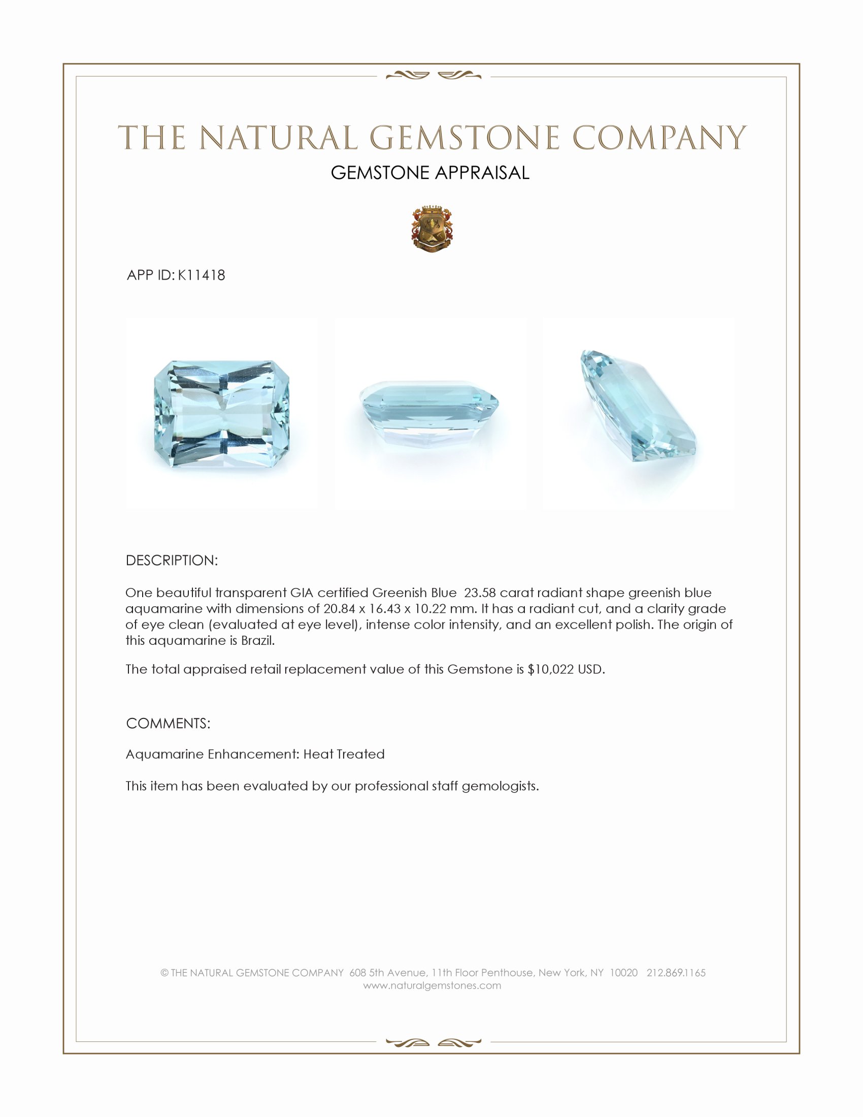 23.58 Ct. Greenish Blue Aquamarine from Brazil