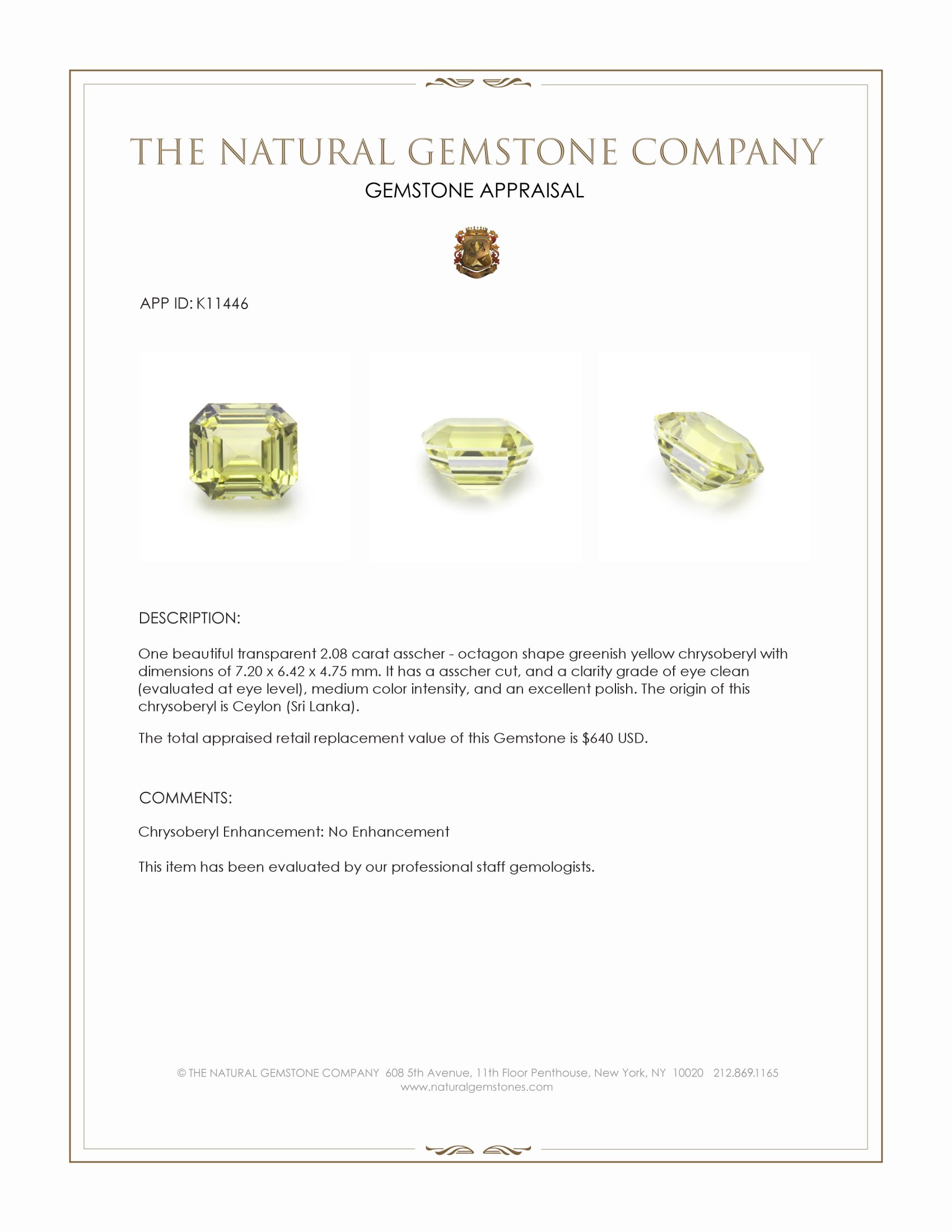 2.08 Ct. Greenish Yellow Chrysoberyl from Ceylon (Sri Lanka)