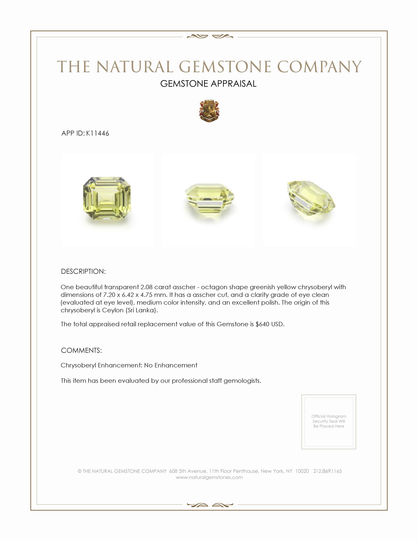 2.08 Ct. Chrysoberyl from Ceylon (Sri Lanka)