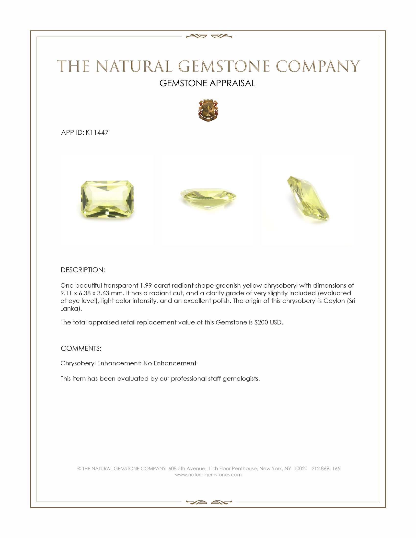 1.99 Ct. Greenish Yellow Chrysoberyl from Ceylon (Sri Lanka)