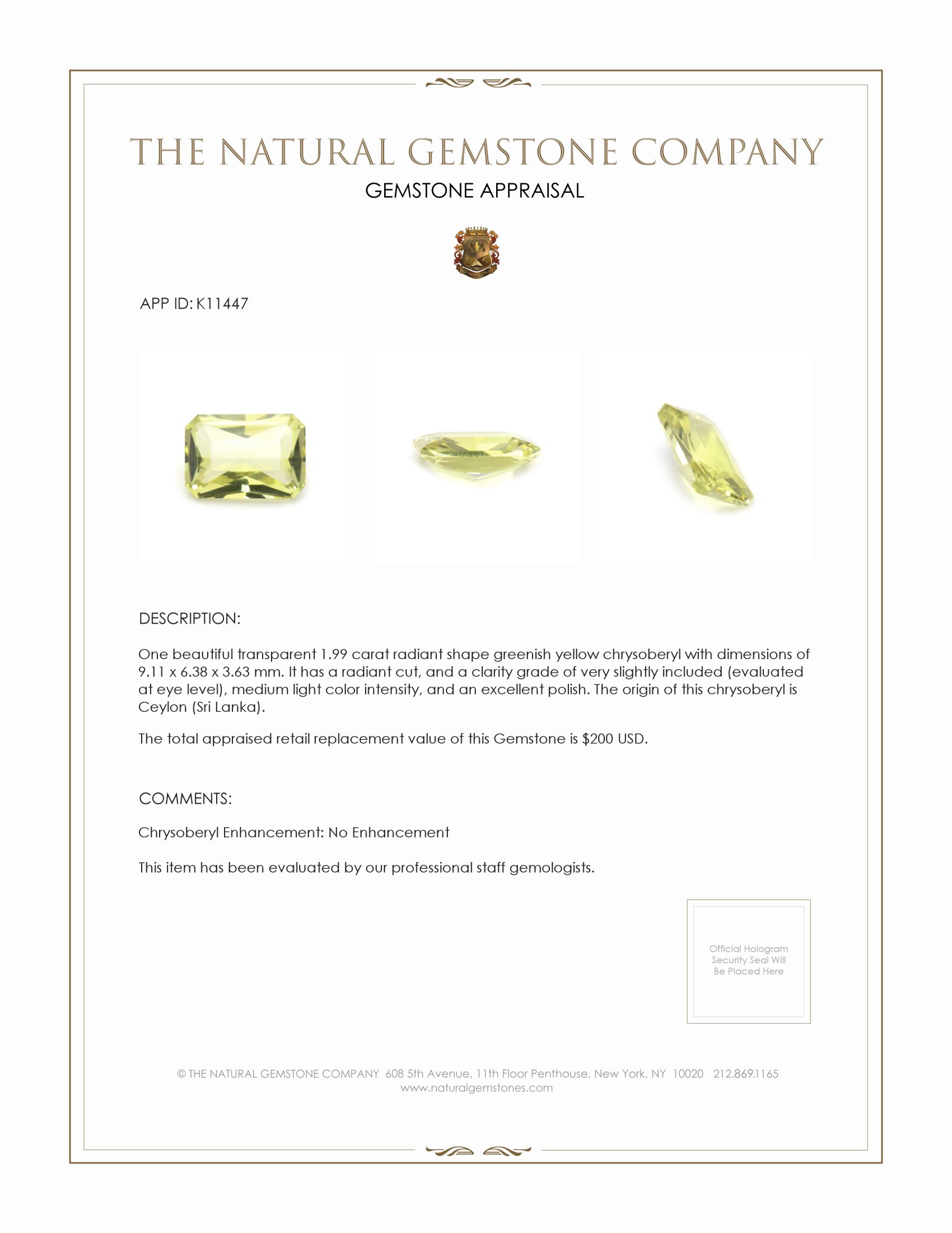 1.99 Ct. Chrysoberyl from Ceylon (Sri Lanka)