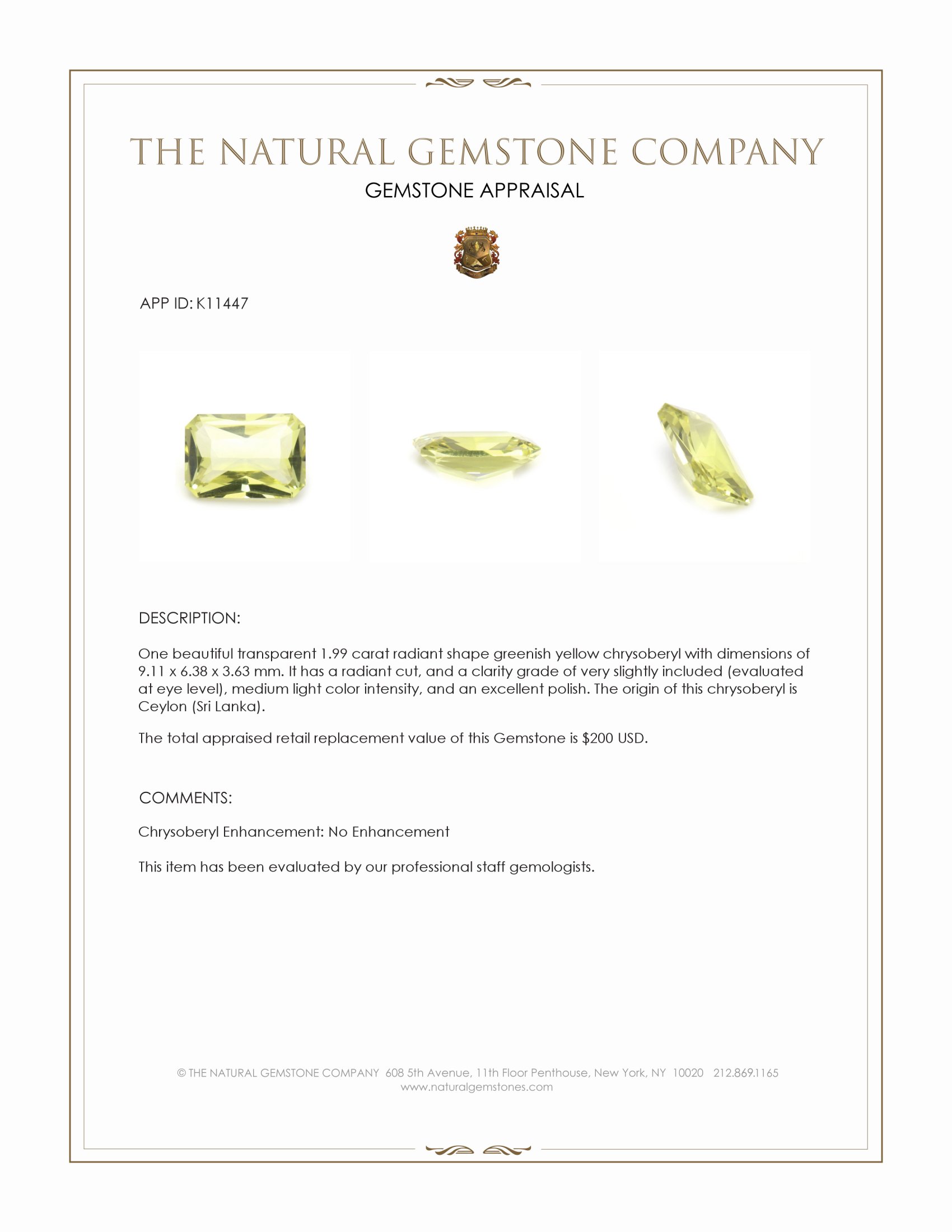 1.99 Ct. Chrysoberyl from Ceylon (Sri Lanka)