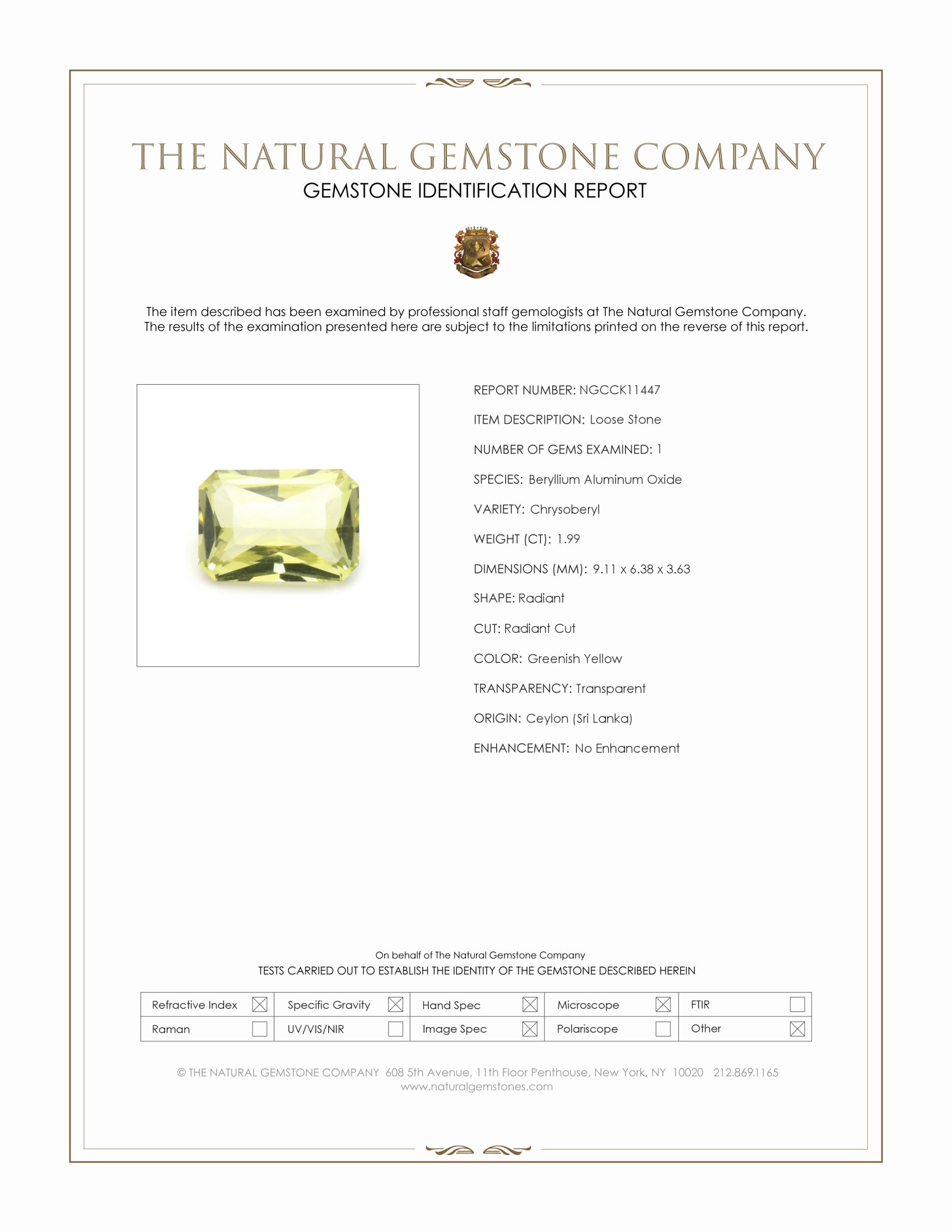 1.99 Ct. Chrysoberyl from Ceylon (Sri Lanka)