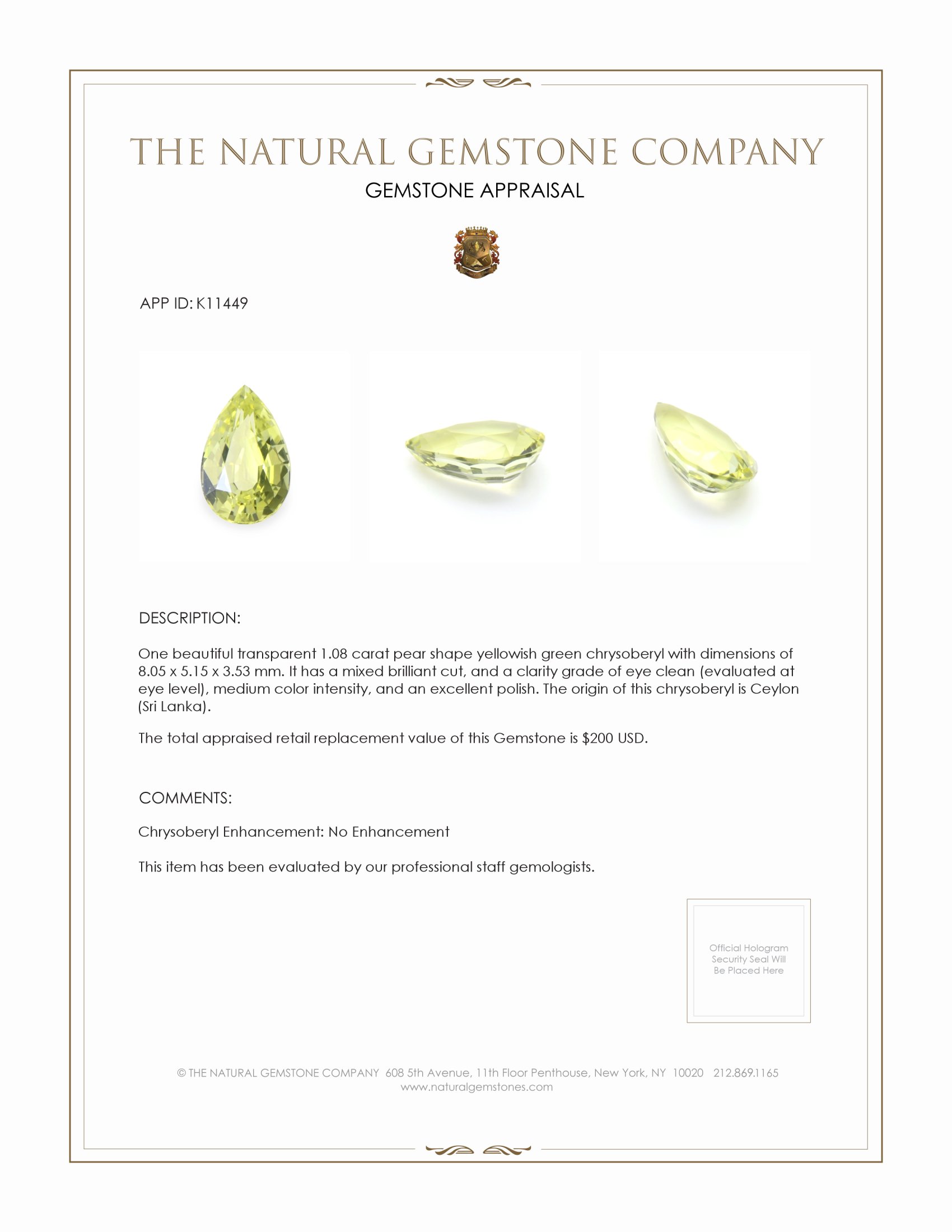 1.08 Ct. Yellowish Green Chrysoberyl from Ceylon (Sri Lanka)