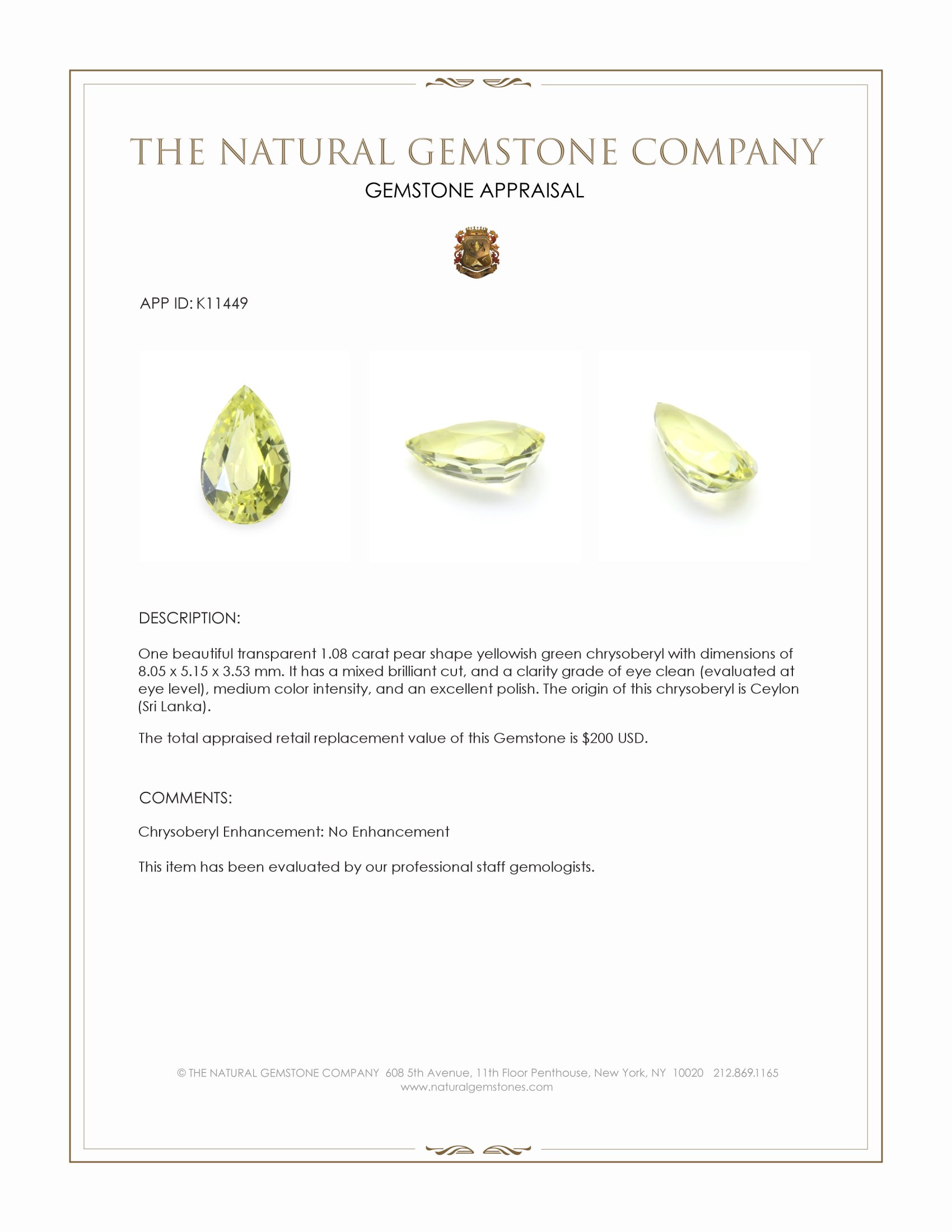 1.08 Ct. Chrysoberyl from Ceylon (Sri Lanka)