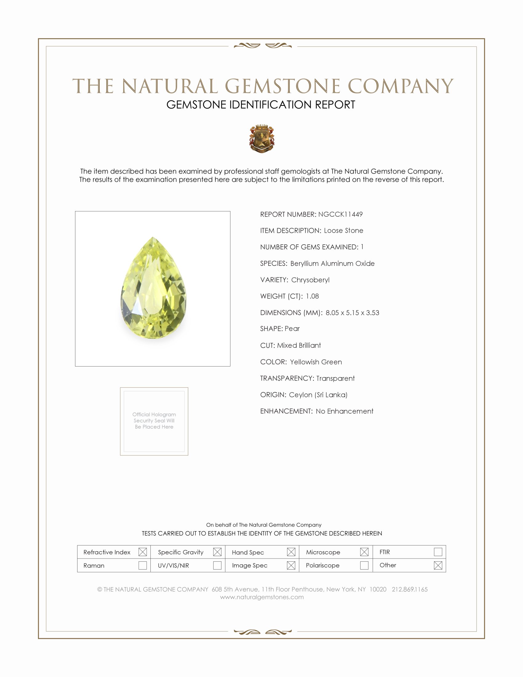 1.08 Ct. Yellowish Green Chrysoberyl from Ceylon (Sri Lanka)