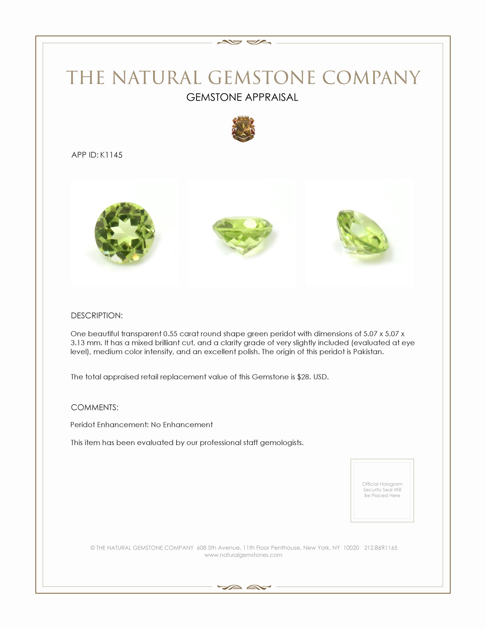 0.55 Ct. Green (Lime Green) Peridot from Pakistan
