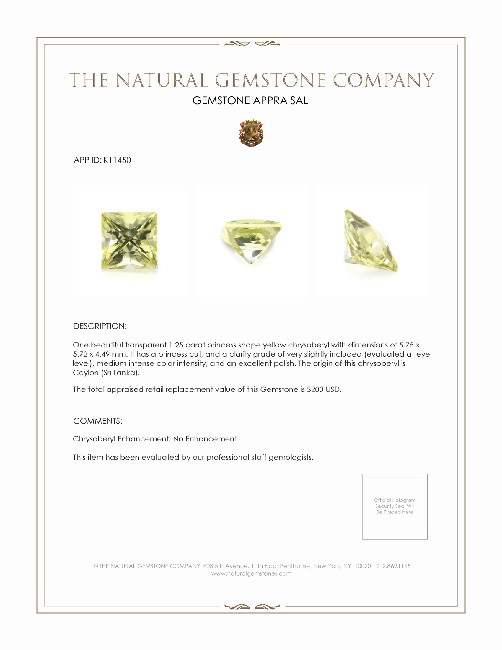1.25 Ct. Chrysoberyl from Ceylon (Sri Lanka)