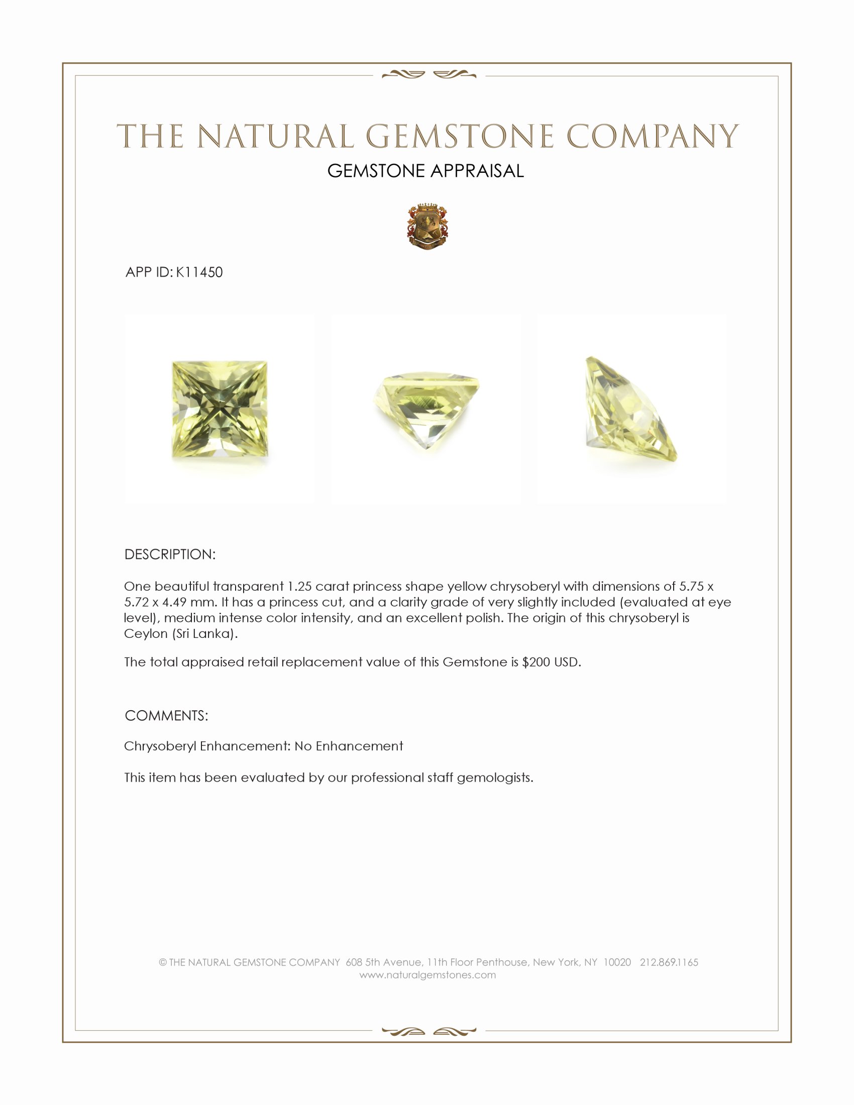 1.25 Ct. Chrysoberyl from Ceylon (Sri Lanka)