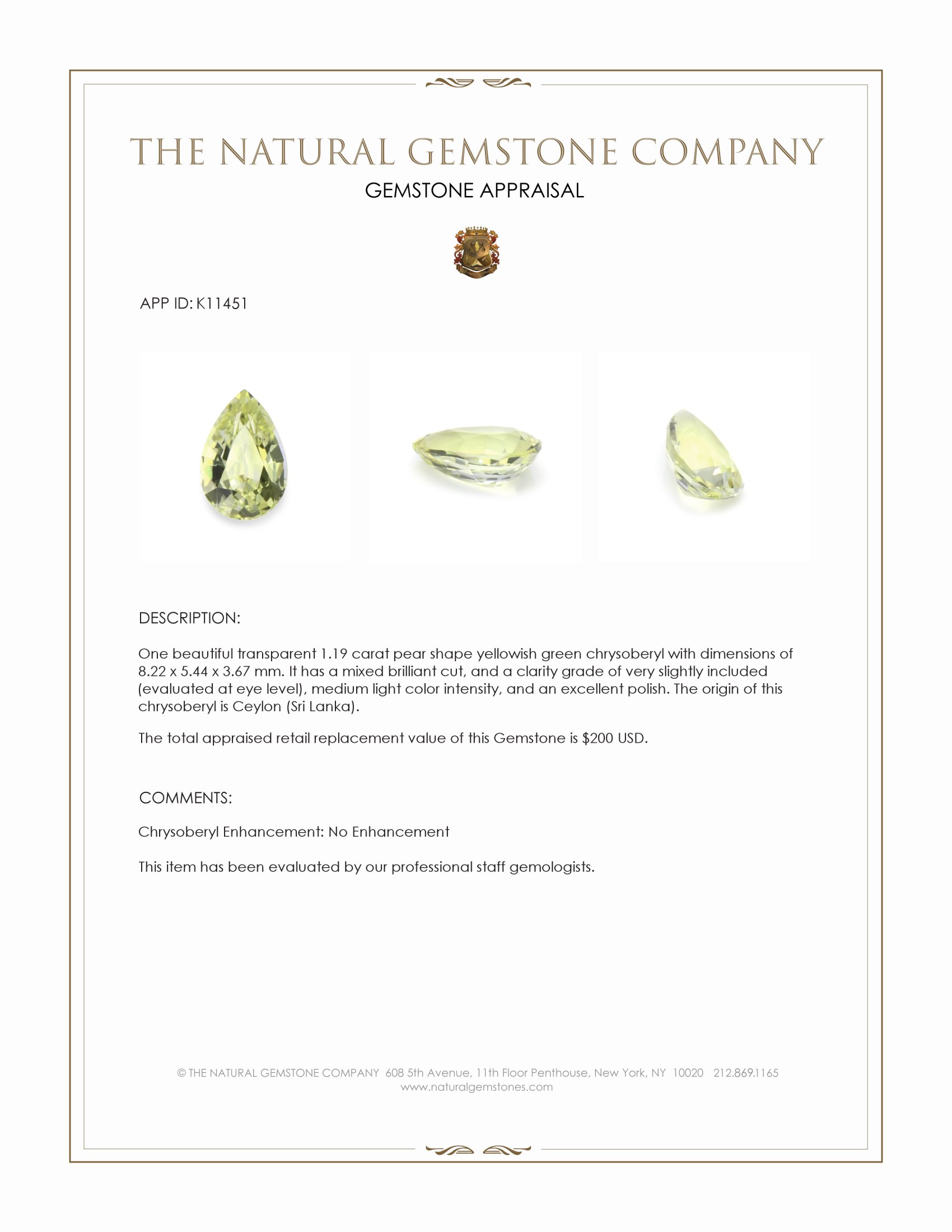 1.19 Ct. Chrysoberyl from Ceylon (Sri Lanka)