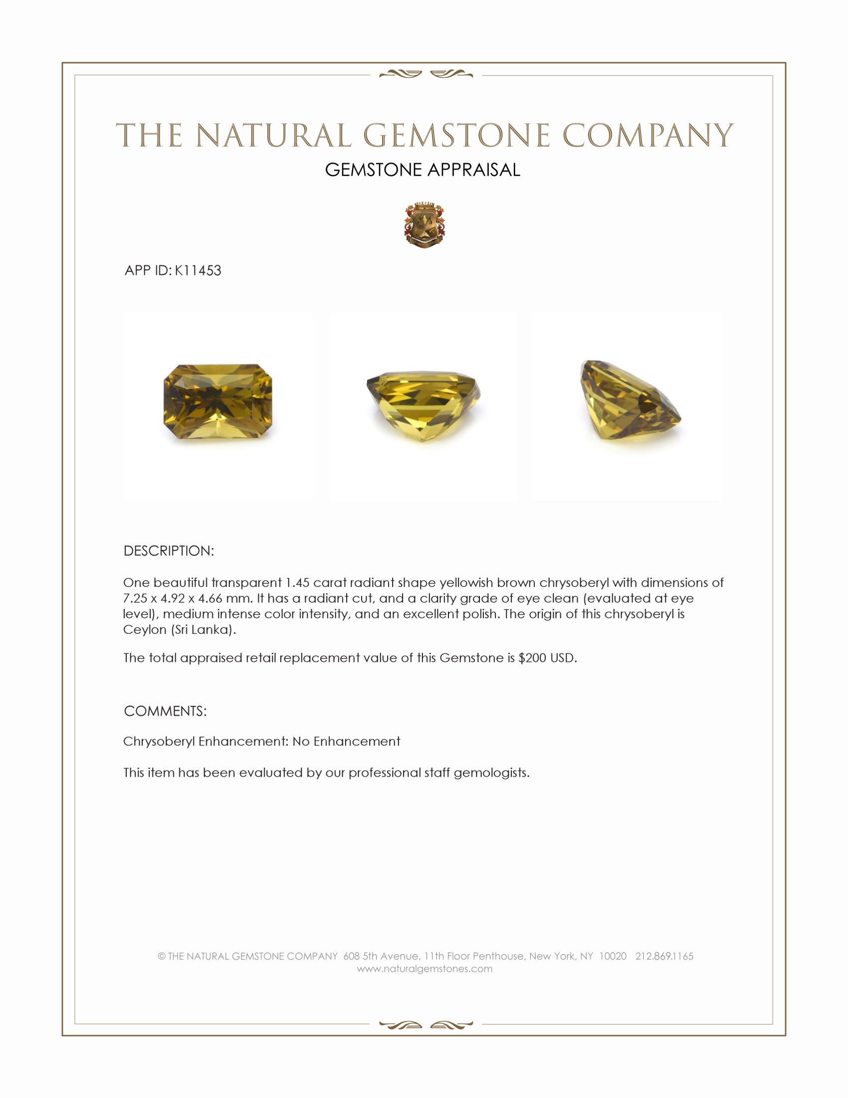 1.45 Ct. Chrysoberyl from Ceylon (Sri Lanka)