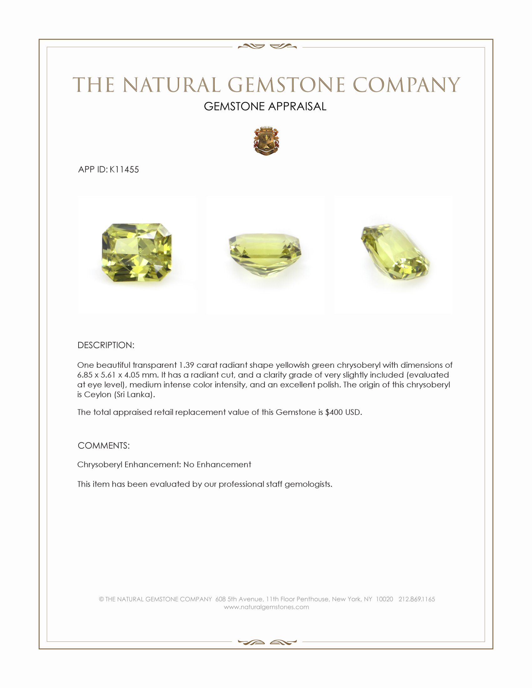 1.39 Ct. Chrysoberyl from Ceylon (Sri Lanka)