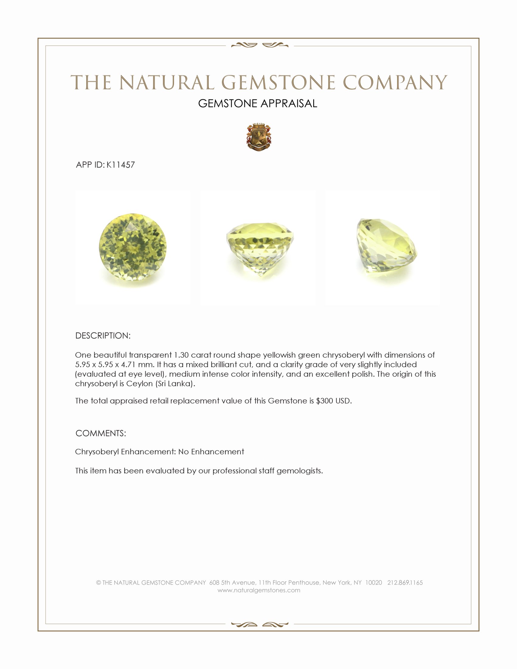 1.30 Ct. Chrysoberyl from Ceylon (Sri Lanka)