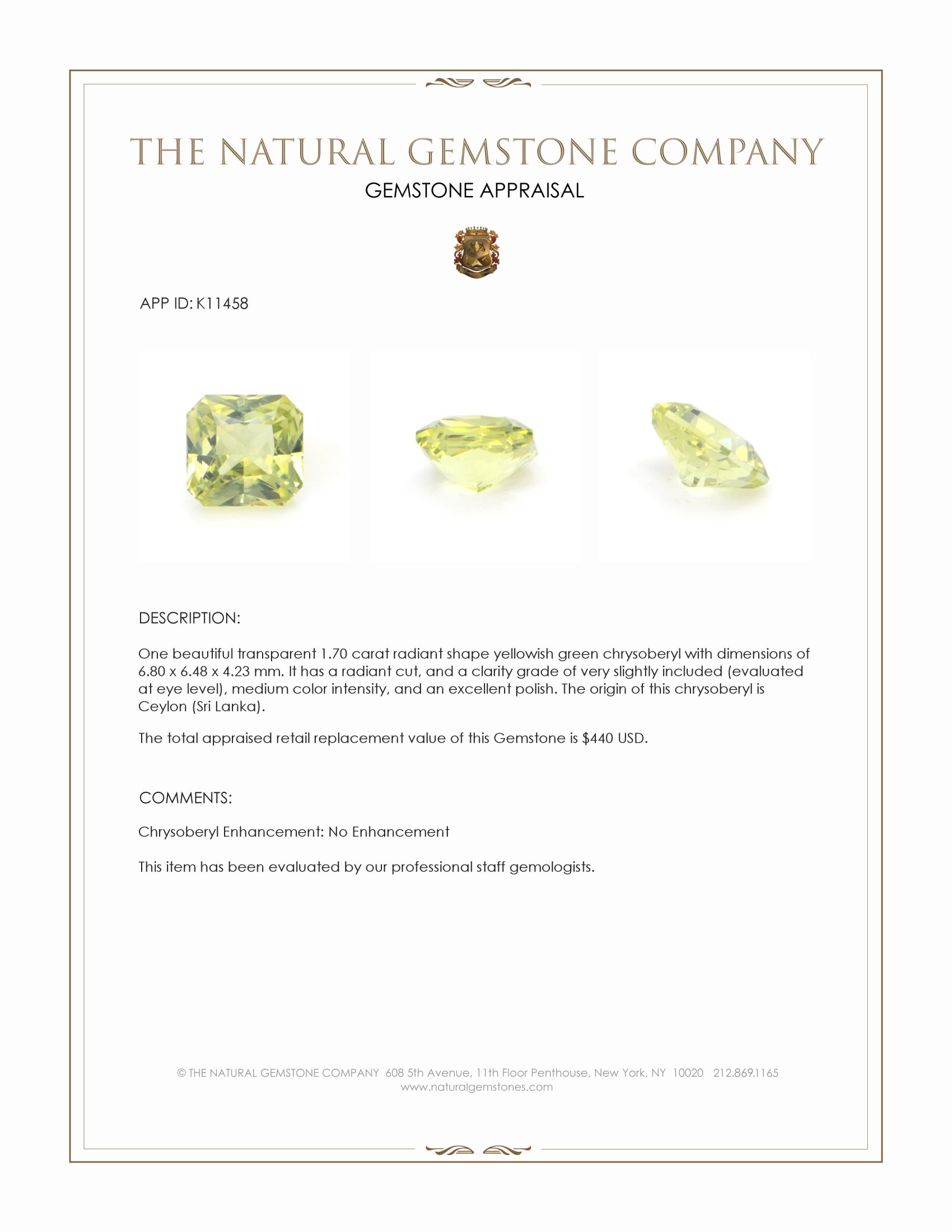 1.70 Ct. Chrysoberyl from Ceylon (Sri Lanka)