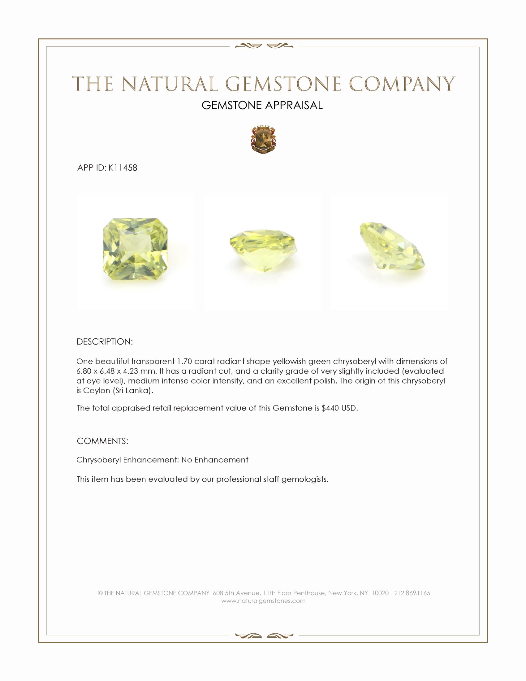 1.70 Ct. Chrysoberyl from Ceylon (Sri Lanka)
