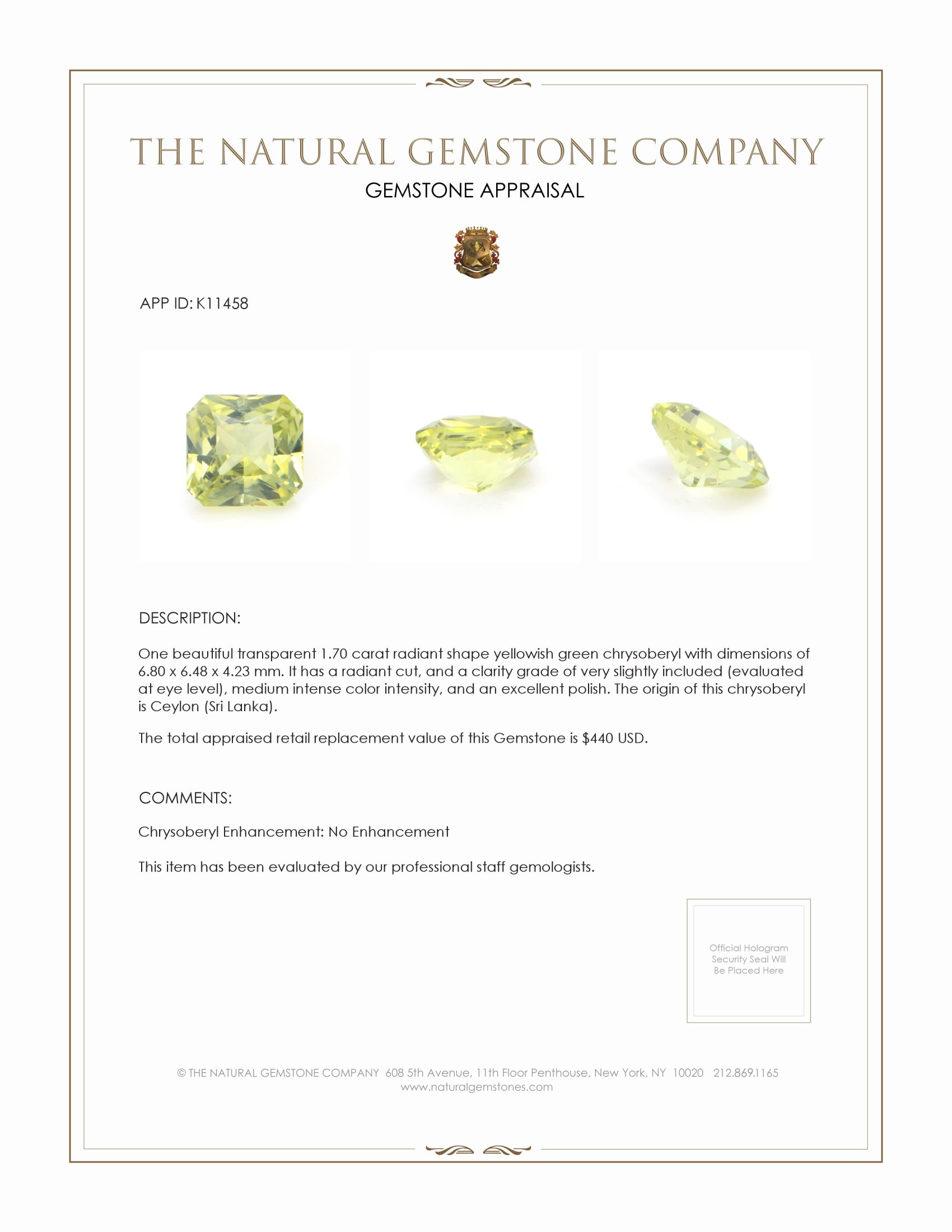 1.70 Ct. Chrysoberyl from Ceylon (Sri Lanka)