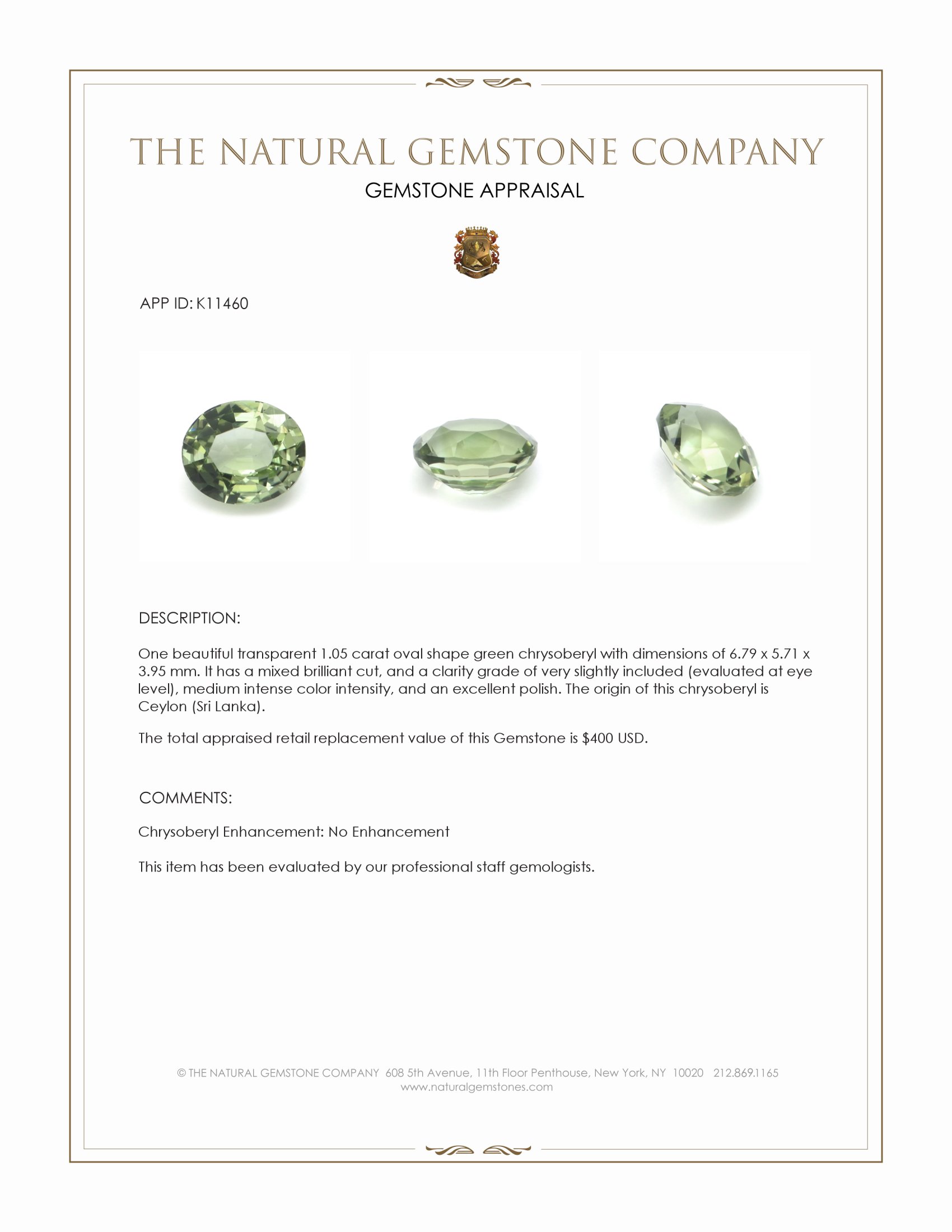 1.05 Ct. Chrysoberyl from Ceylon (Sri Lanka)