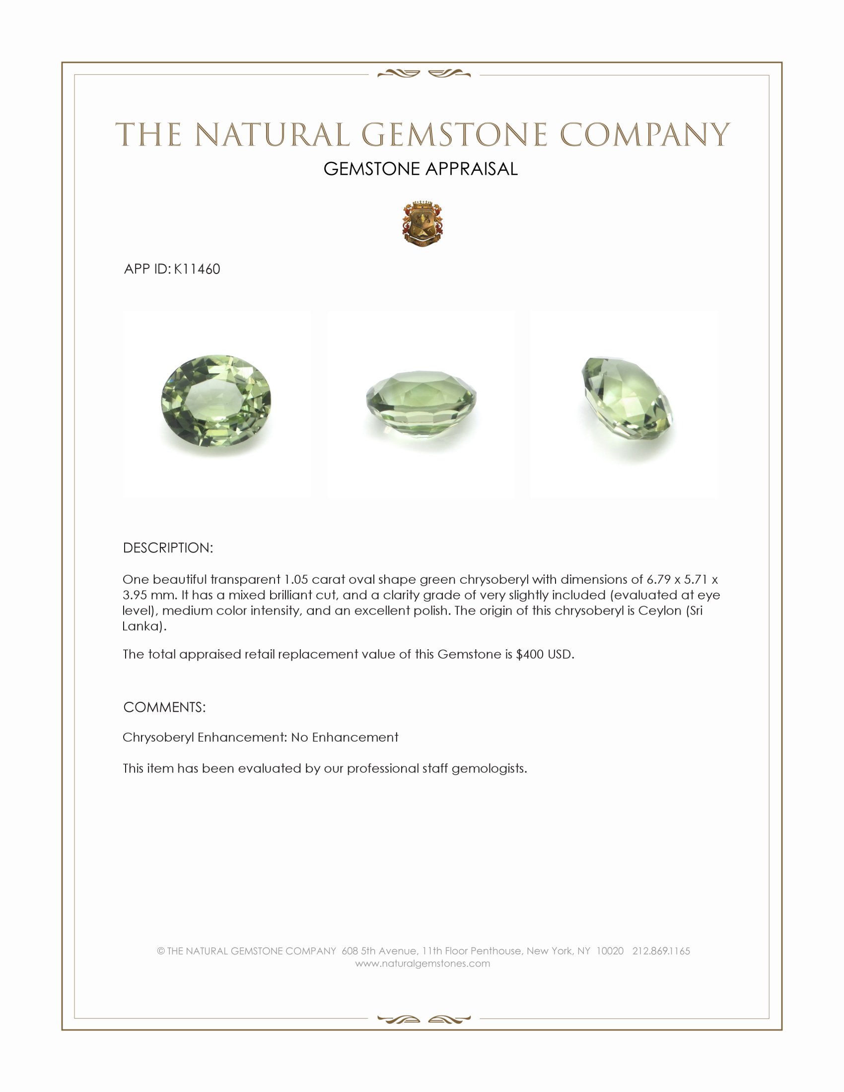 1.05 Ct. Chrysoberyl from Ceylon (Sri Lanka)