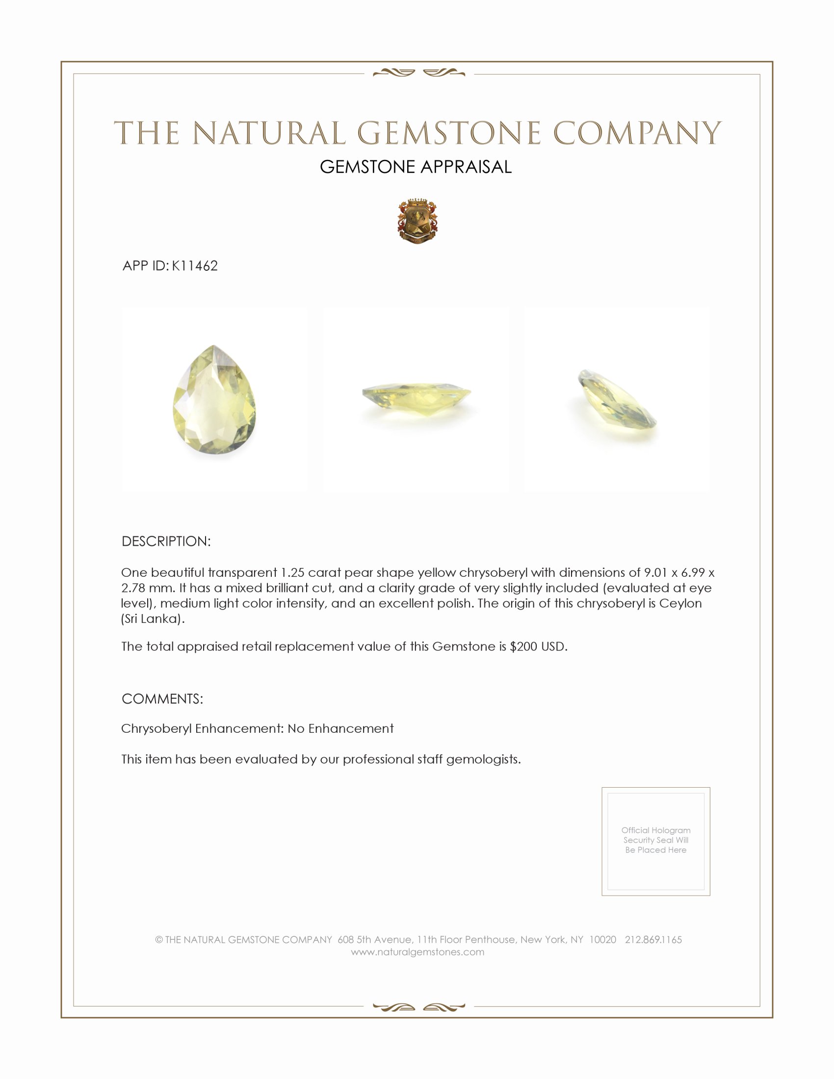 1.25 Ct. Yellow Chrysoberyl from Ceylon (Sri Lanka)