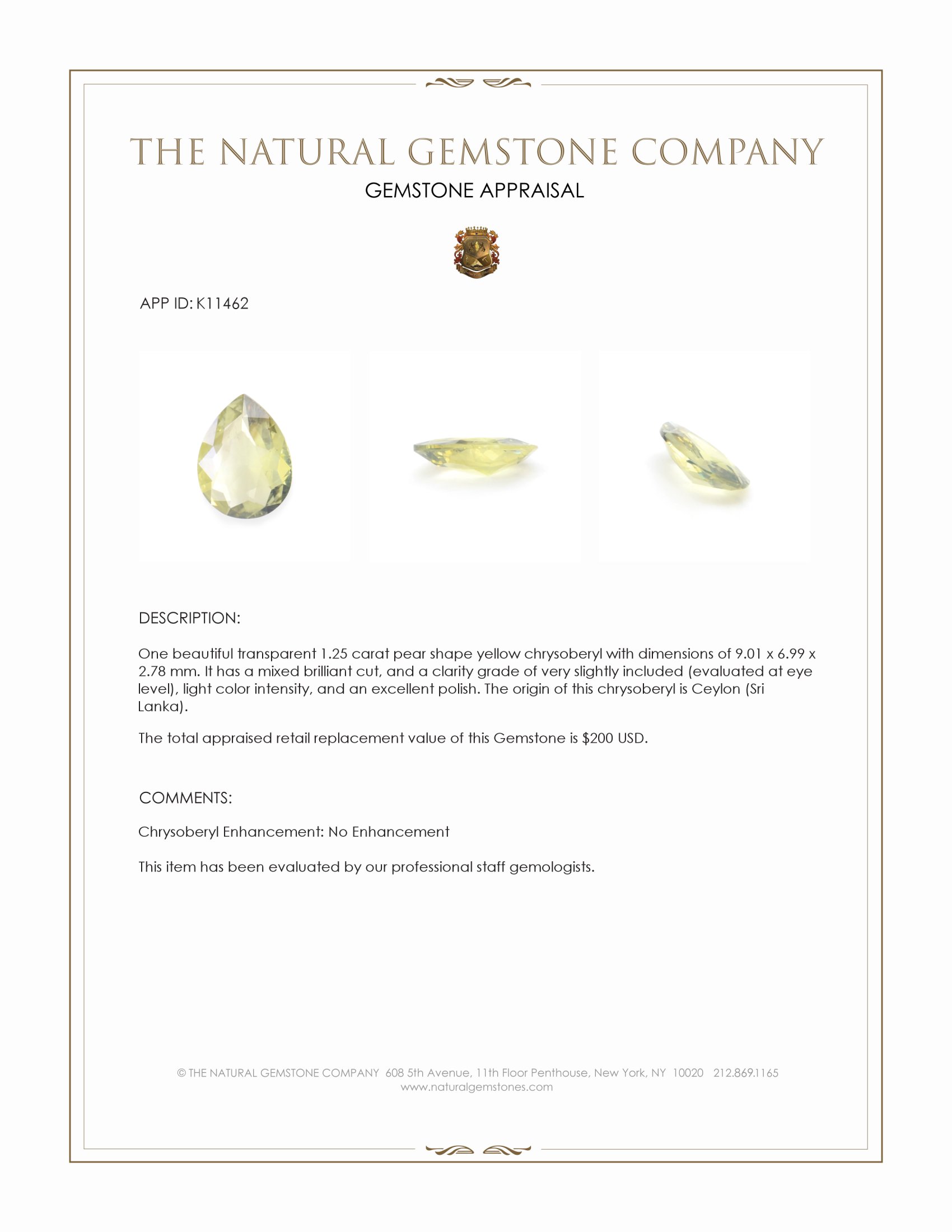 1.25 Ct. Chrysoberyl from Ceylon (Sri Lanka)