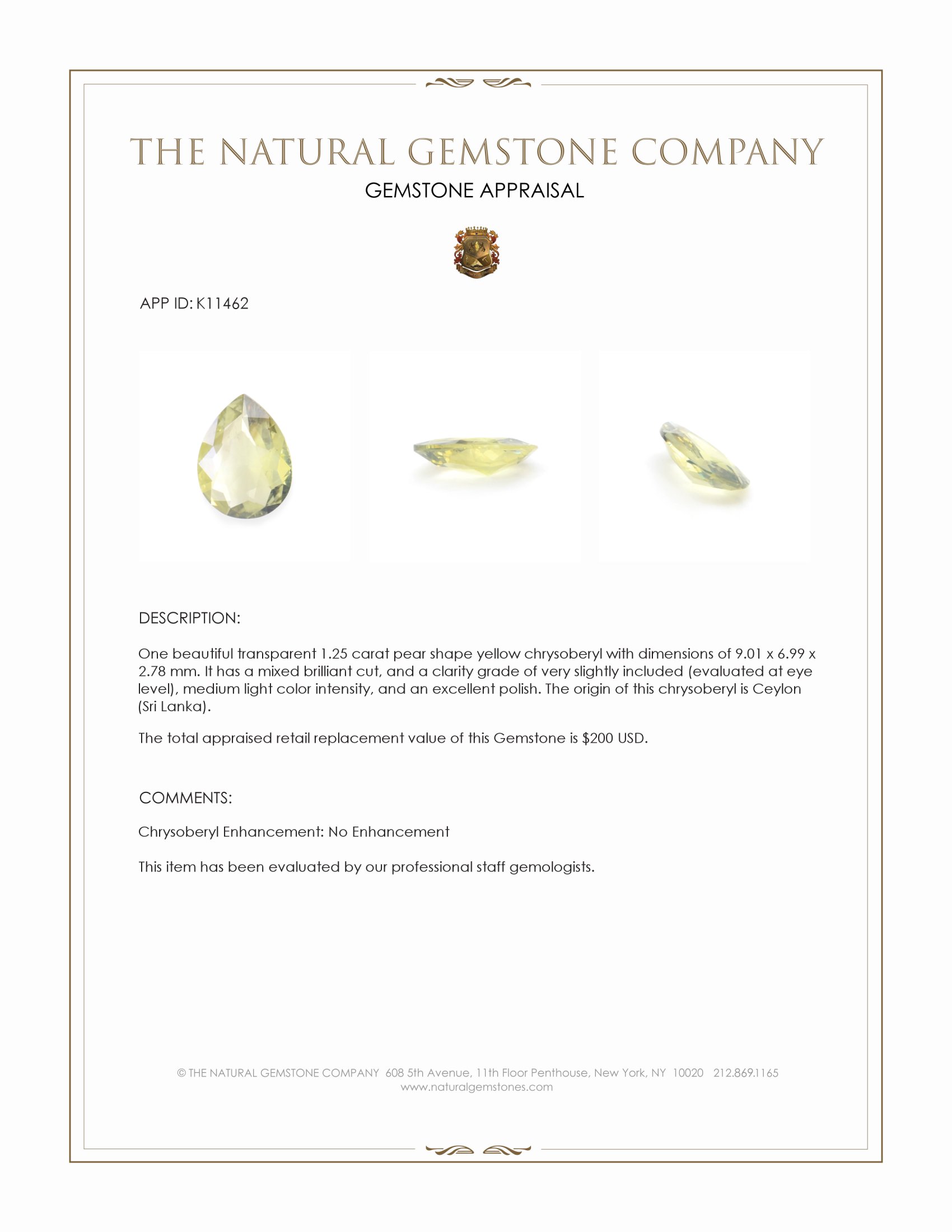 1.25 Ct. Chrysoberyl from Ceylon (Sri Lanka)