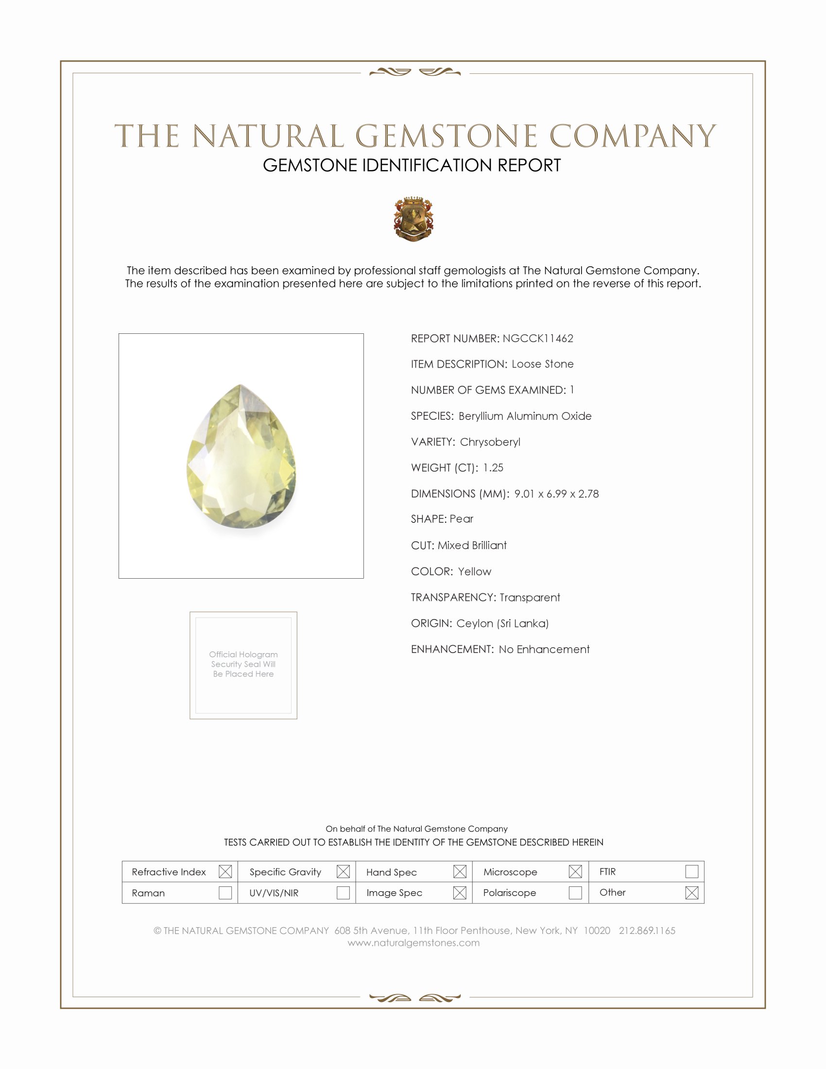 1.25 Ct. Yellow Chrysoberyl from Ceylon (Sri Lanka)