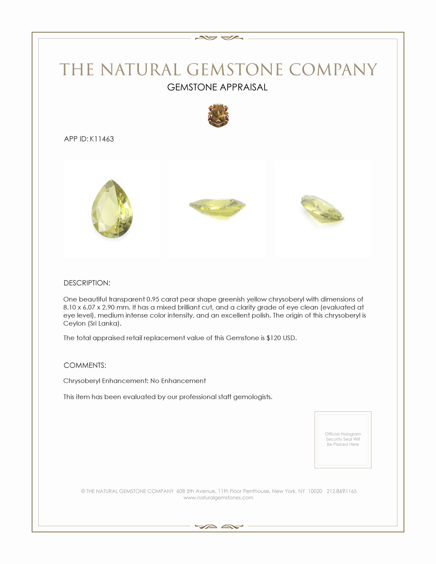 0.95 Ct. Greenish Yellow Chrysoberyl from Ceylon (Sri Lanka)