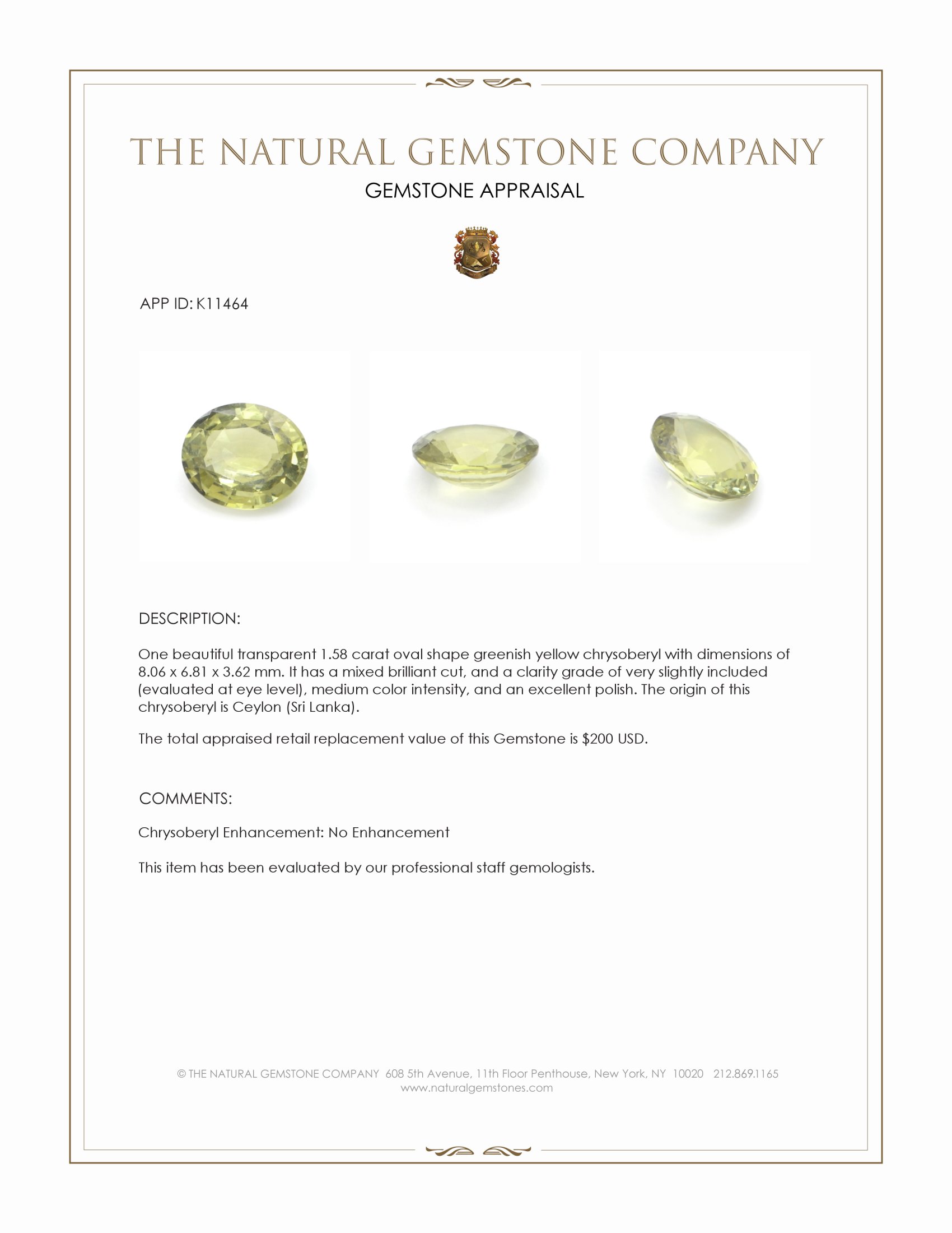1.58 Ct. Chrysoberyl from Ceylon (Sri Lanka)