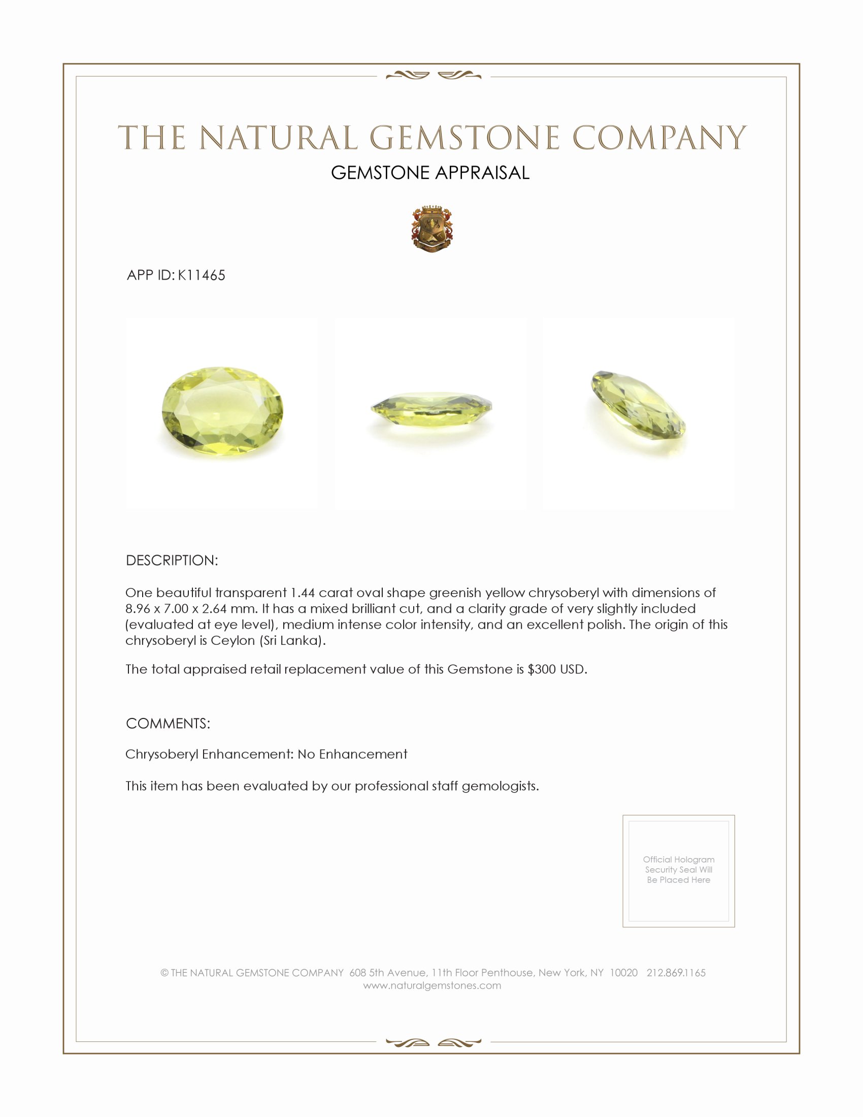 1.44 Ct. Chrysoberyl from Ceylon (Sri Lanka)