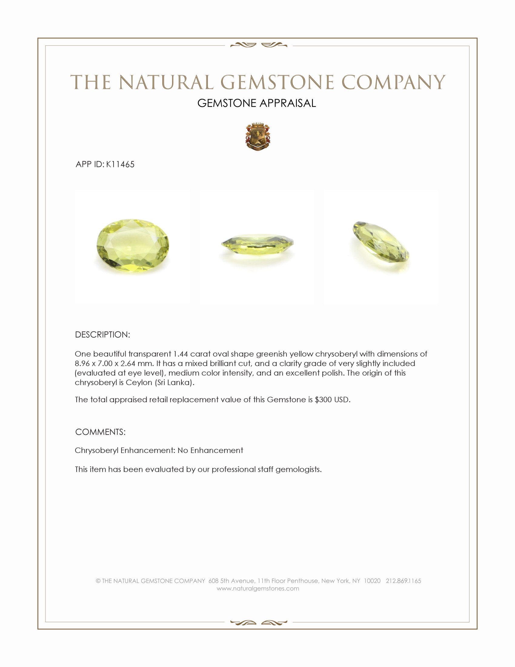 1.44 Ct. Greenish Yellow Chrysoberyl from Ceylon (Sri Lanka)